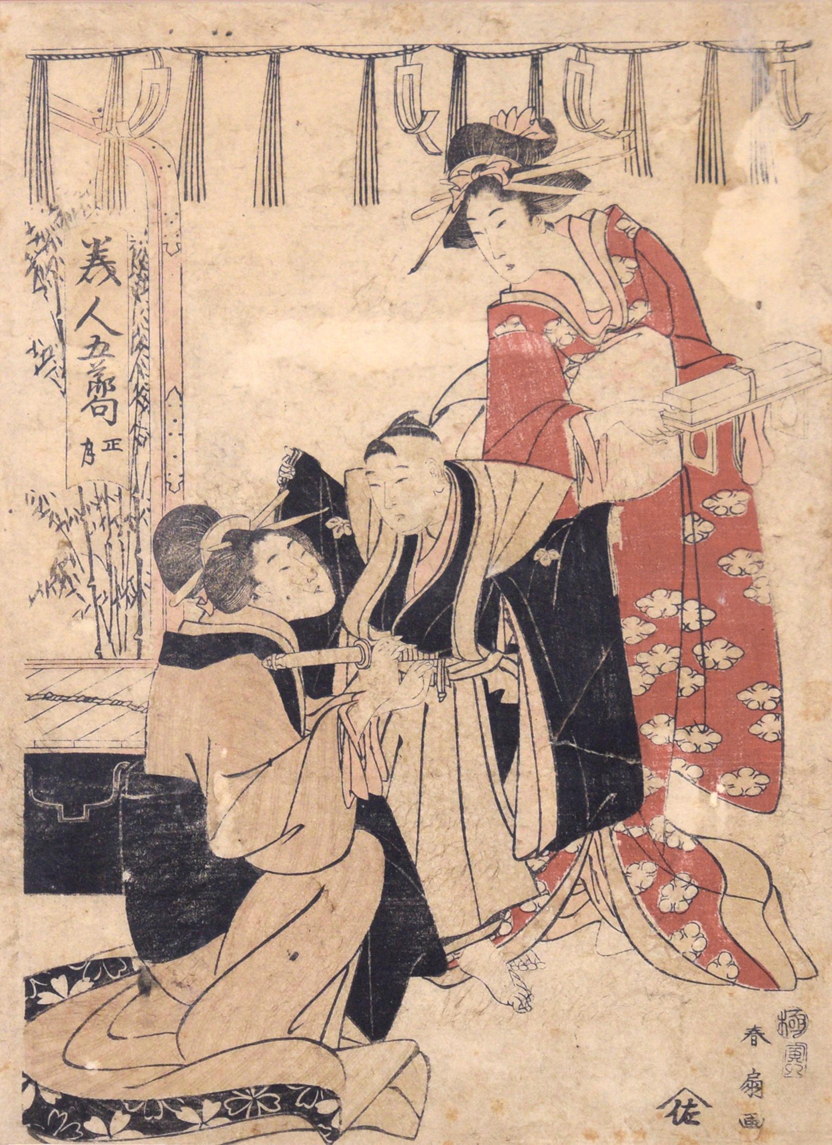 Dressing the Boy Samurai - Kuniyoshi Japanischer Holzschnitt mit Original-Holzschnitt – Print von Utagawa Kuniyoshi