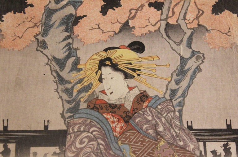 Japanese beauty dressed in a kimono at the Shin Yoshiwara from the Edo time period. It was burnt down and they build a New Yoshiwara nearby. The woodblock print is printed on rice paper. The print is not framed.

Artist Biography: The son of silk