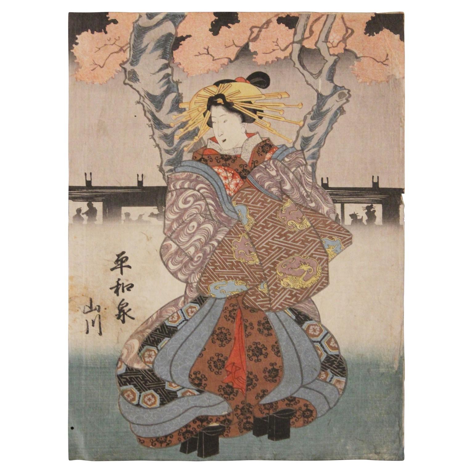 Utagawa Kuniyoshi Figurative Print - Geisha at Shin Yoshiwara Japanese Woodblock Print
