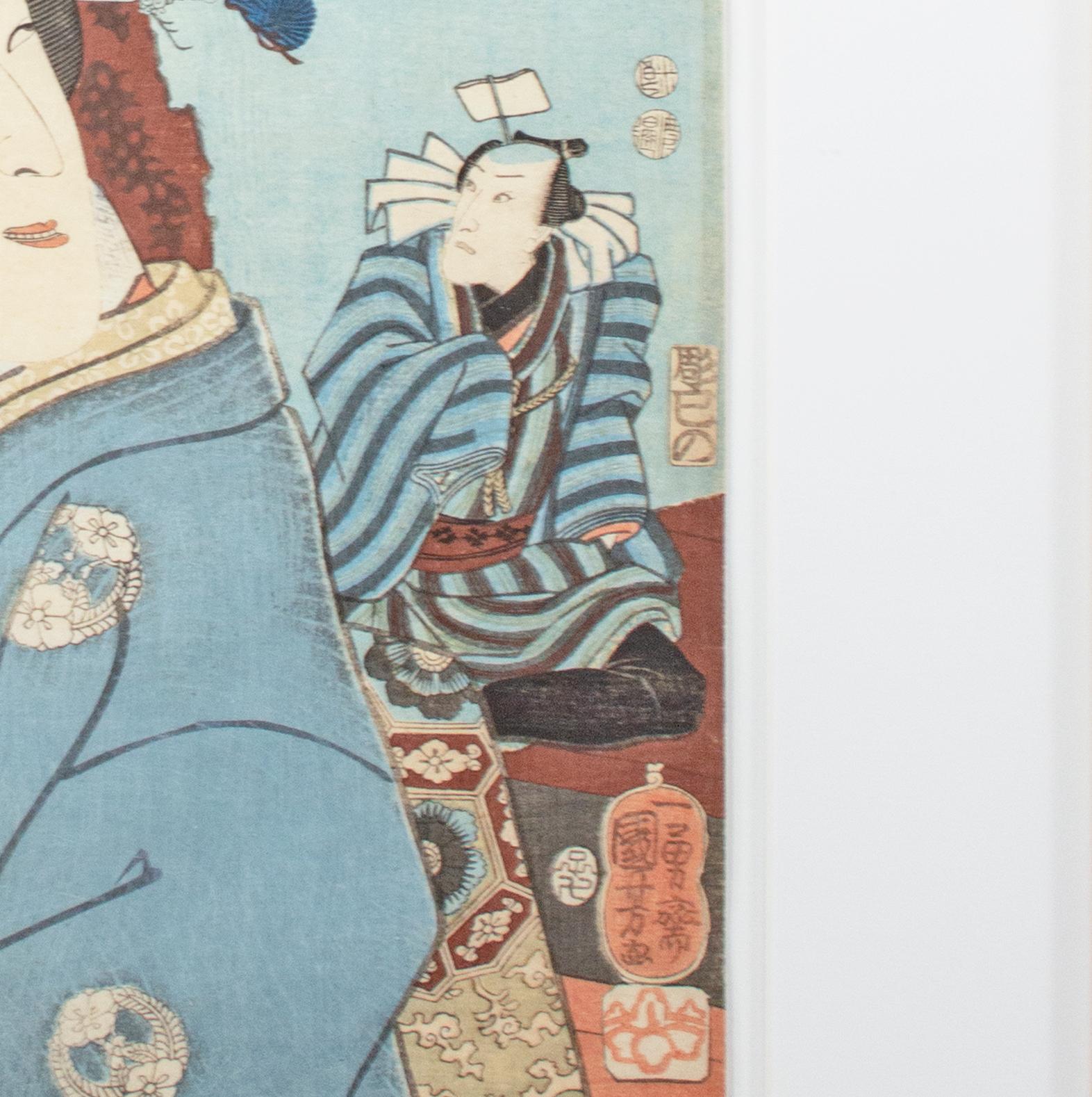 This print is from a highly regarded series by the Edo woodblock artist Utagawa Kuniyoshi: in the period, there were at times prohibitions in depicting actors in the woodblock format. To avoid the censors, artists like Kuniyoshi here would show the