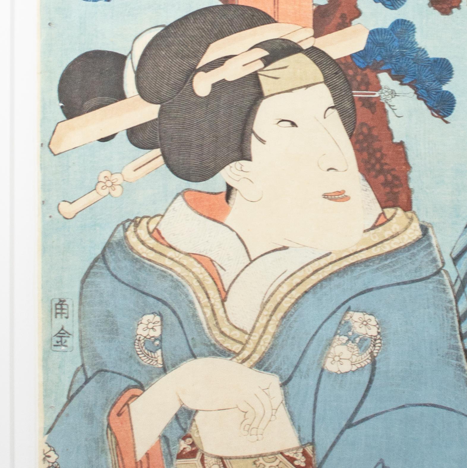 Dieser Druck stammt aus einer viel beachteten Serie des Edo-Holzschnittkünstlers Utagawa Kuniyoshi: In jener Zeit war es zeitweise verboten, Schauspieler im Holzschnittformat abzubilden. Um die Zensur zu umgehen, zeigten Künstler wie Kuniyoshi hier