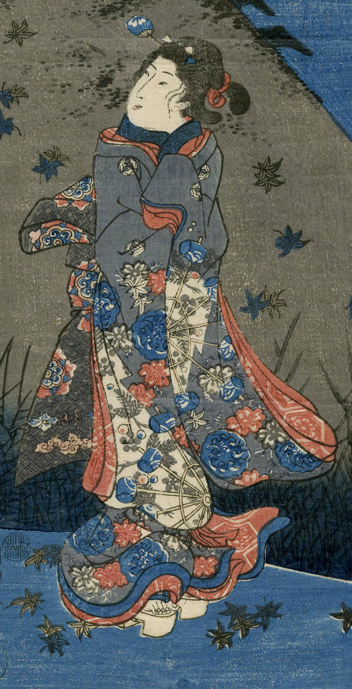 (The poetess Chiyo turns to watch a flight of wild geese while sweeping up autumn leaves)
Signature: Ichiyusai Kuniyoshi ga; 
Censor seal: Muramatsu
Series: Kenjo hakkei
            (Virtuous women for the Eight Views)
Format: chu-tanzaku (1/2