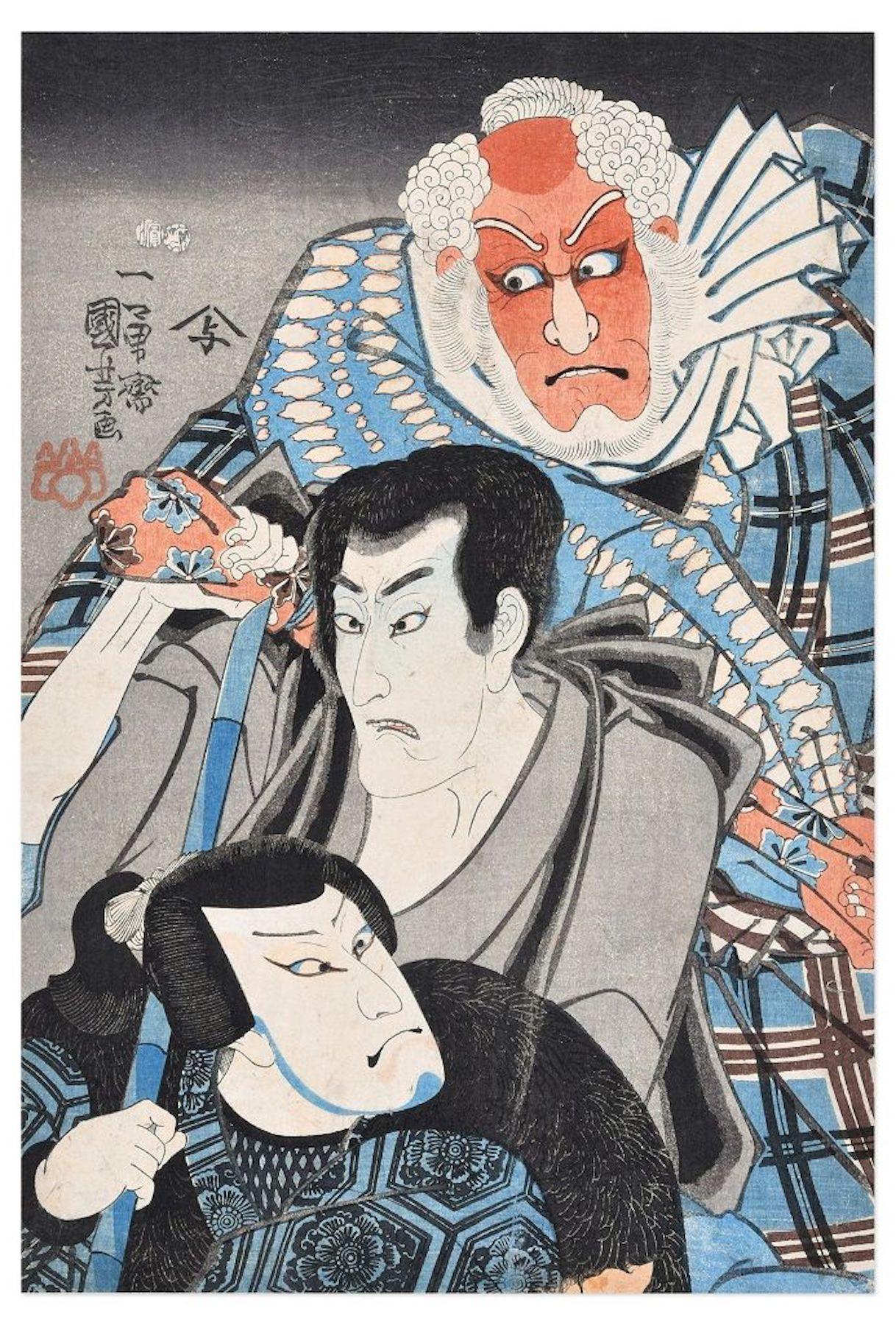 Utagawa Kuniyoshi Figurative Print - Kabuki Scene: a Revenge Story - Woodcut by U. Kuniyoshi - 1846/52