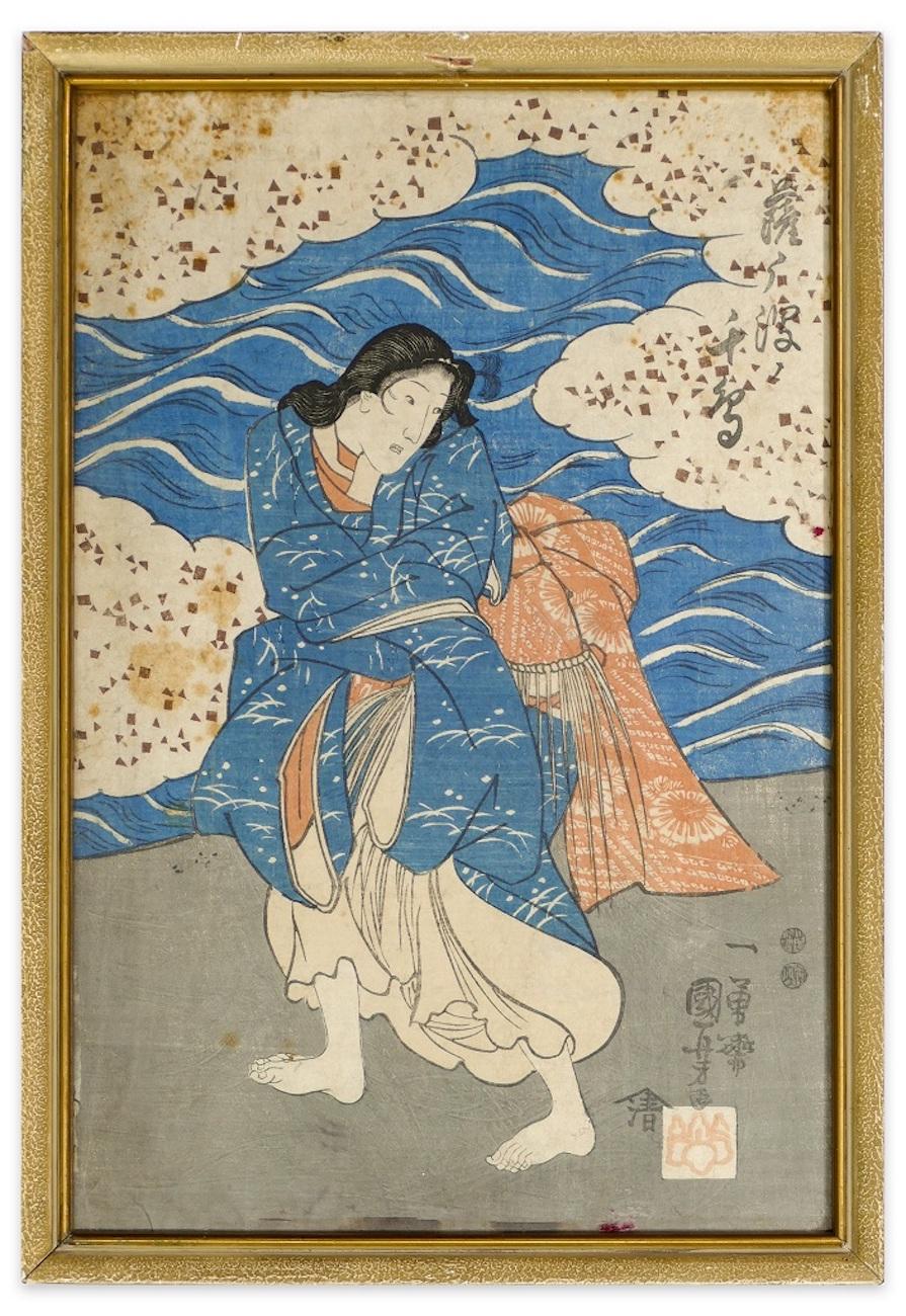 Image dimensions: 35 x 23.5 cm.

Kabuki Scene is an original color woodblock print on paper, realized by the Japanese artist Utagawa Kuniyoshi  (1798–1861) at the middle of the XIX century. 
Signed on plate with the publishing house cachet and