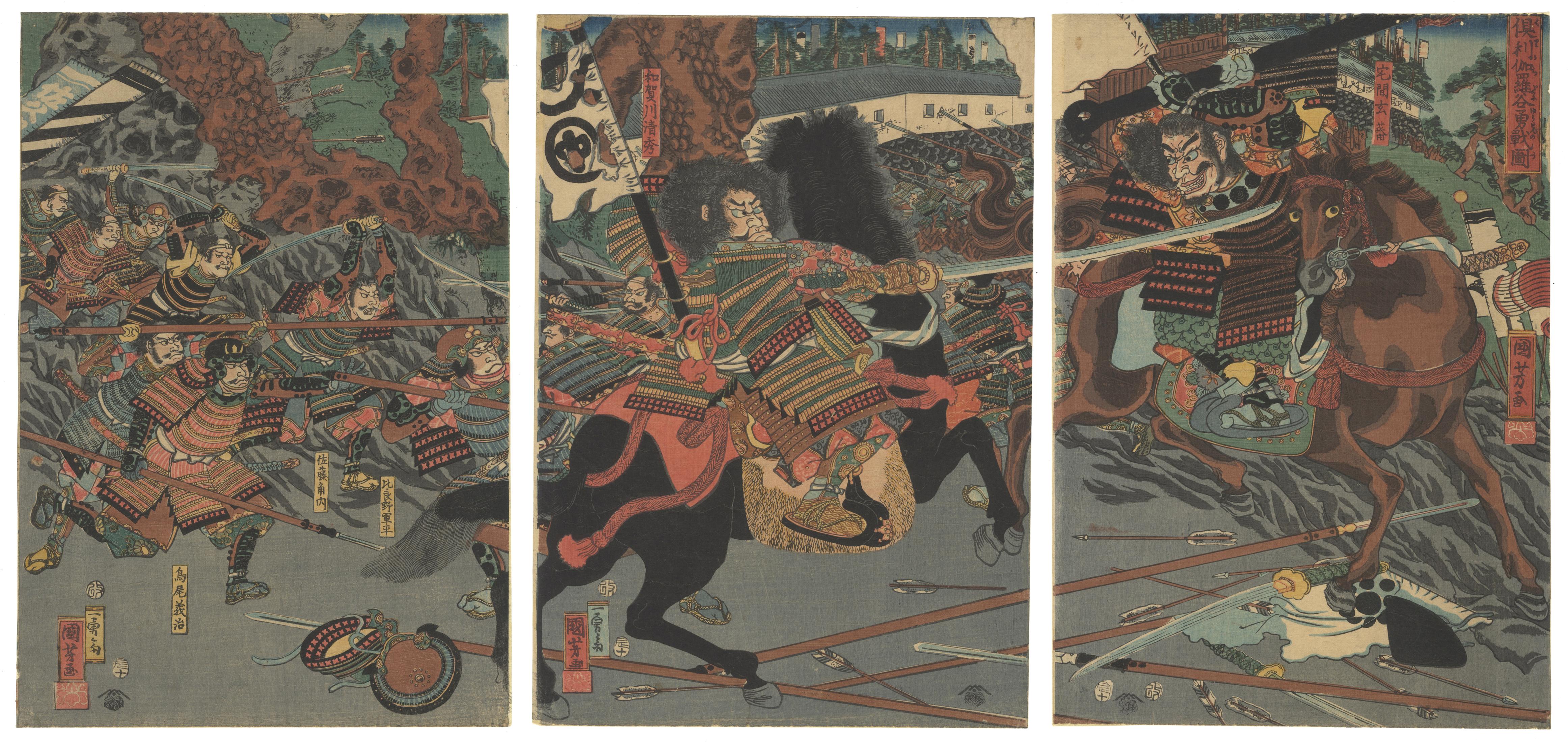 Utagawa Kuniyoshi Figurative Print - Kuniyoshi, Samurai, Battle, Original Japanese Woodblock Print, Ukiyo-e, Horse