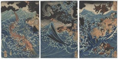 Kuniyoshi Ukiyo-e Japanese Woodblock Print, Triptych w/ Ghost Ship Dragon Demons