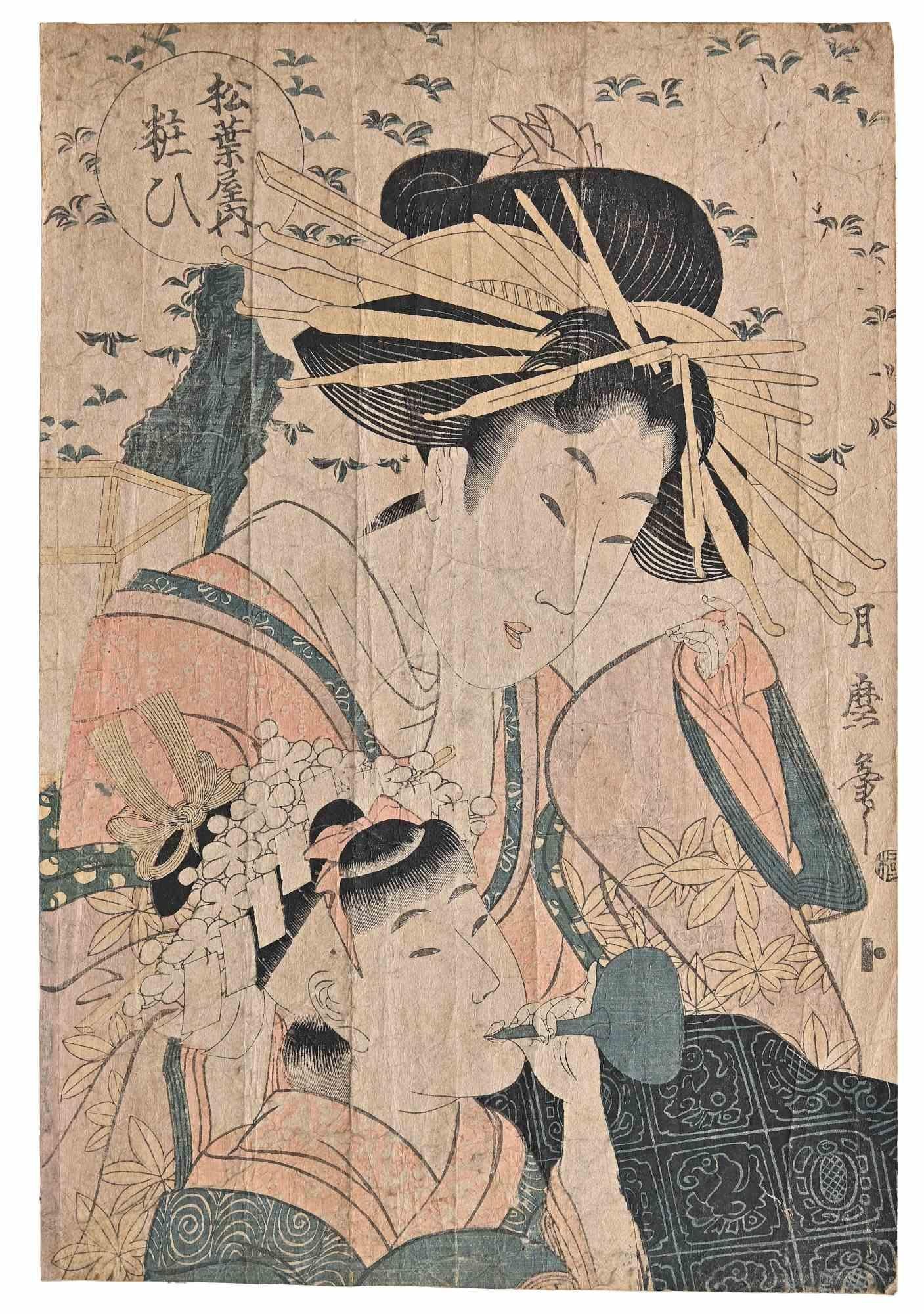 Yosooi of the Matsubaya est une gravure sur bois originale, format Oban, réalisée par Kitagawa Tsukimaro.

Bon état mais beaucoup de plis dans le papier.

Pas de signature.

Kitagawa Tsukimaro ( 1794-1836) était un artiste japonais de l'ukiyo-e. Il