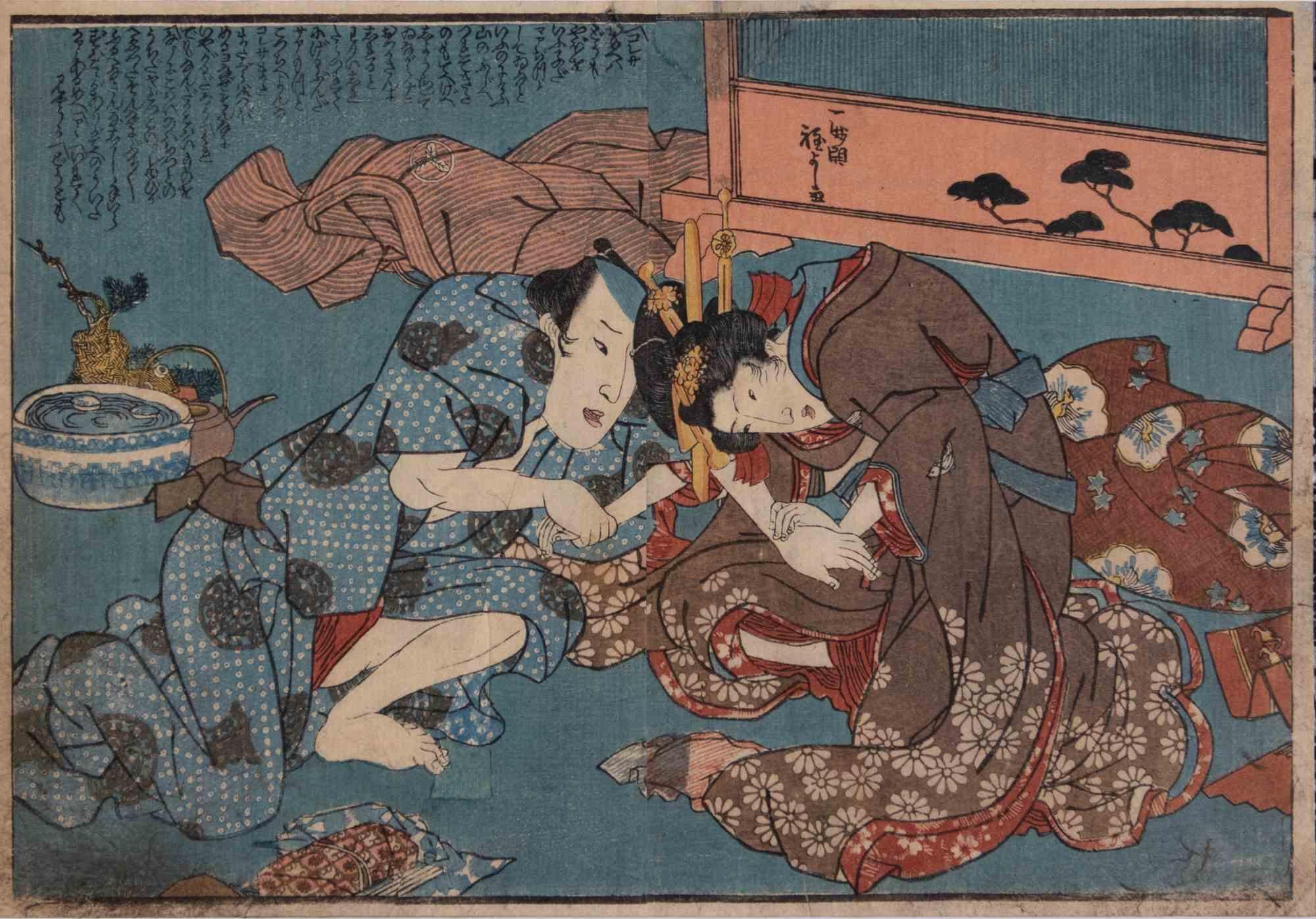 Shunga - Original Woodcut by Utagawa Kuniyoshi - 1850