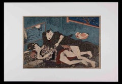 Shunga with Cat - Original Woodcut by Utagawa Kuniyoshi - 1850