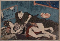 Shunga with Cat - Original Woodcut by Utagawa Kuniyoshi - 1850