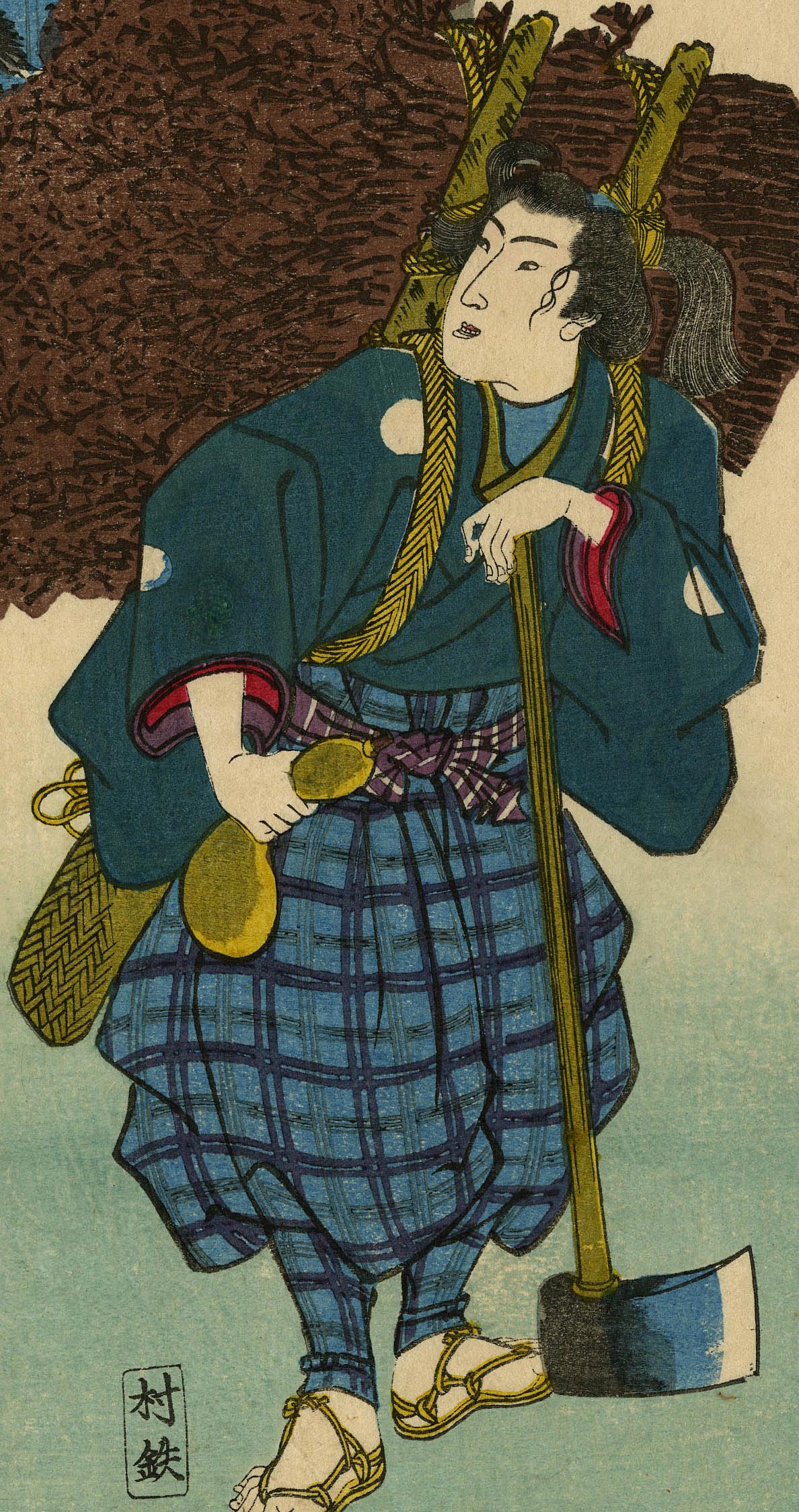 The Dutiful Youth of Mino Province Collecting Wood to Warm His Old Father - Other Art Style Print by Utagawa Kuniyoshi
