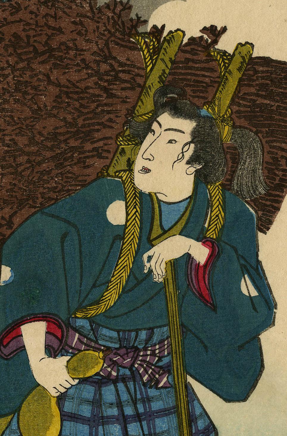 The Dutiful Youth of Mino Province Collecting Wood to Warm His Old Father - Black Figurative Print by Utagawa Kuniyoshi