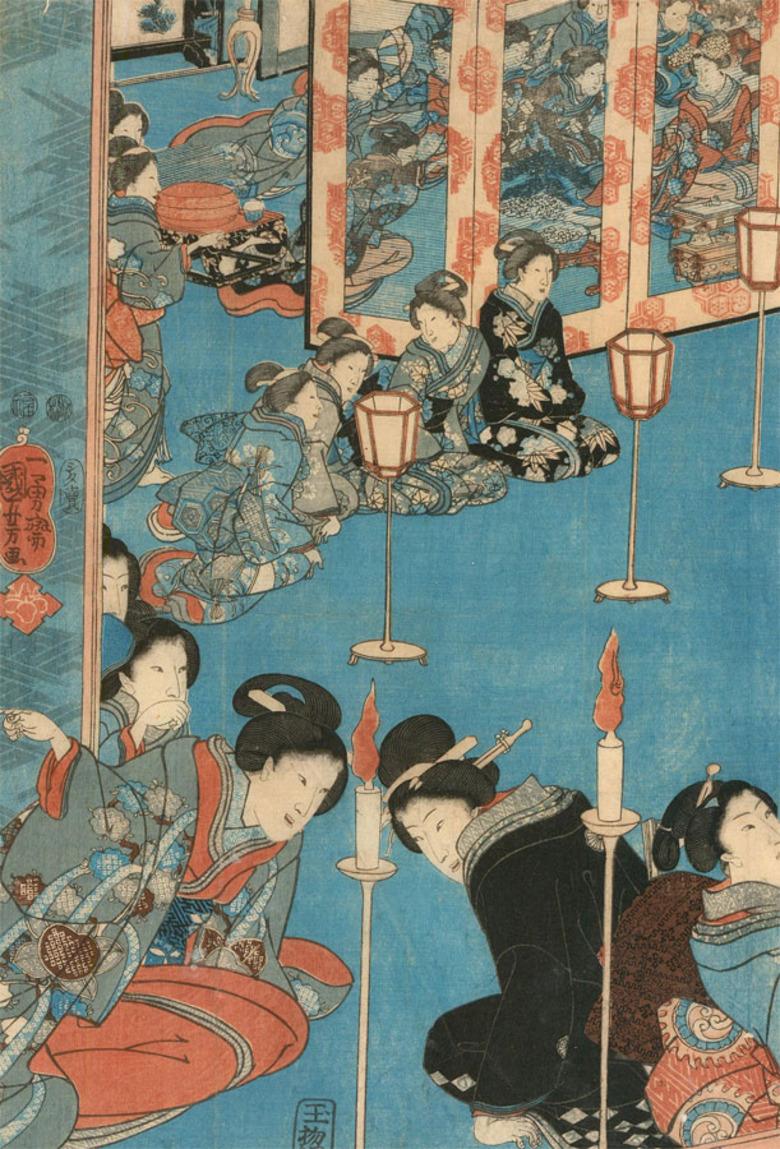 Utagawa Kuniyoshi (1798-1861) - Mid 19thC Japanese Woodblock, Meeting Of Geisha 1