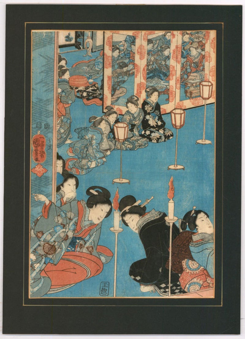 A fine example of Utagawa Kuniyoshi's traditional ukiyo-e woodblocks, showing a meeting of many geisha. They kneel in groups of the blue floor surrounded by torches and elaborately painted screens. The laugh and whisper to each other, two geisha in