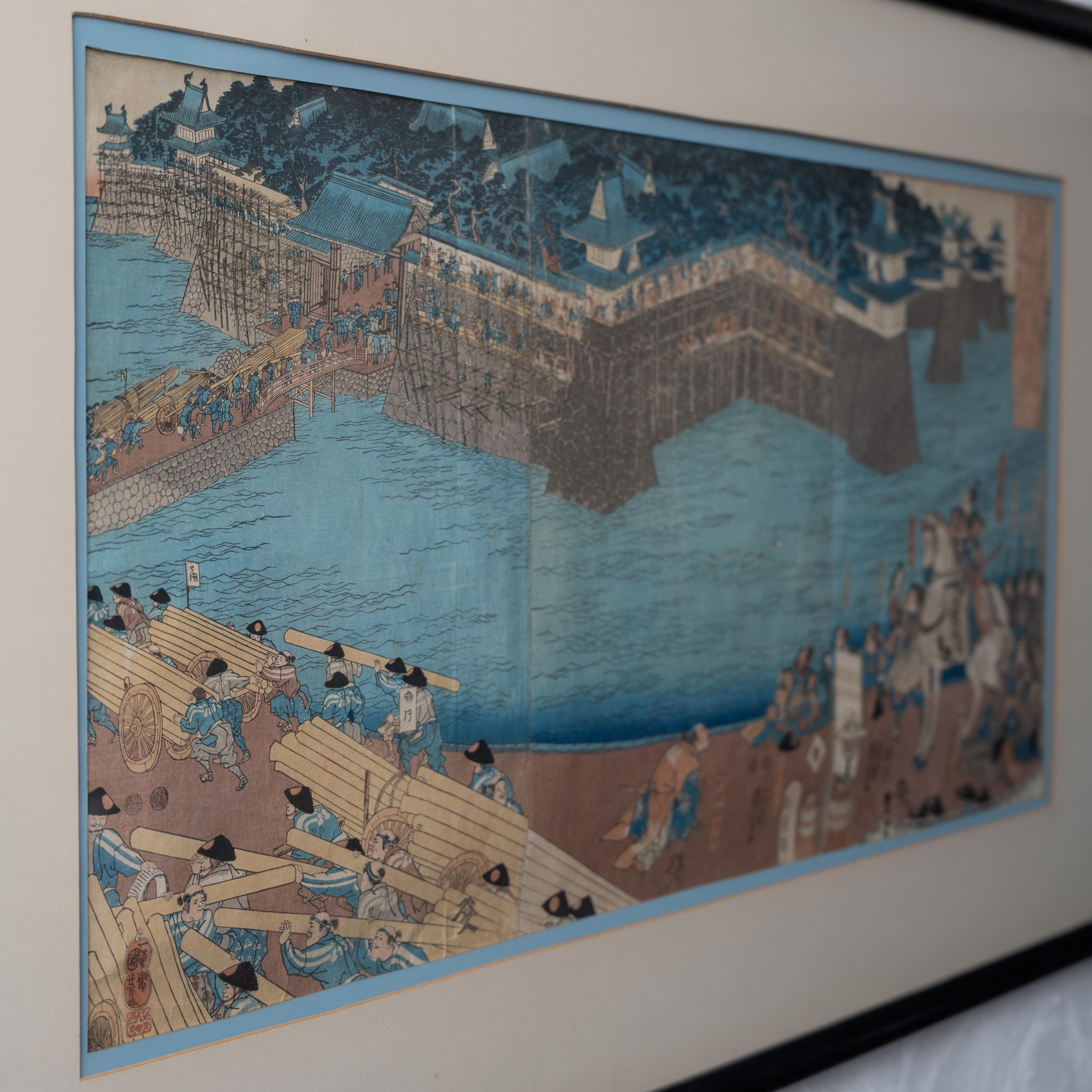Utagawa Kuniyoshi - Harungas Restaurierung des Schlosses Holzschnitt, um 1850 im Angebot 4