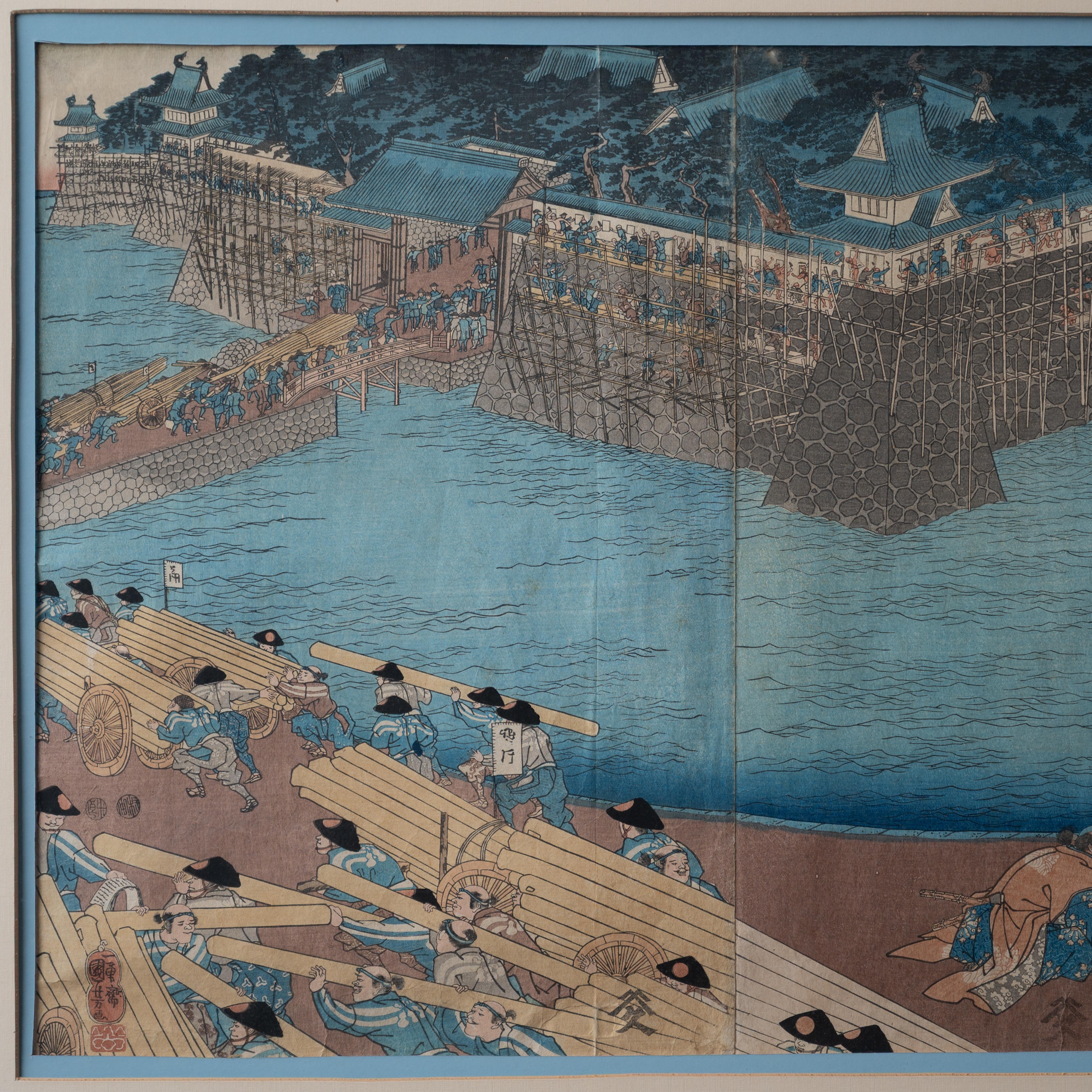 Utagawa Kuniyoshi - Harungas Restaurierung des Schlosses Holzschnitt, um 1850 (Mittleres 19. Jahrhundert) im Angebot