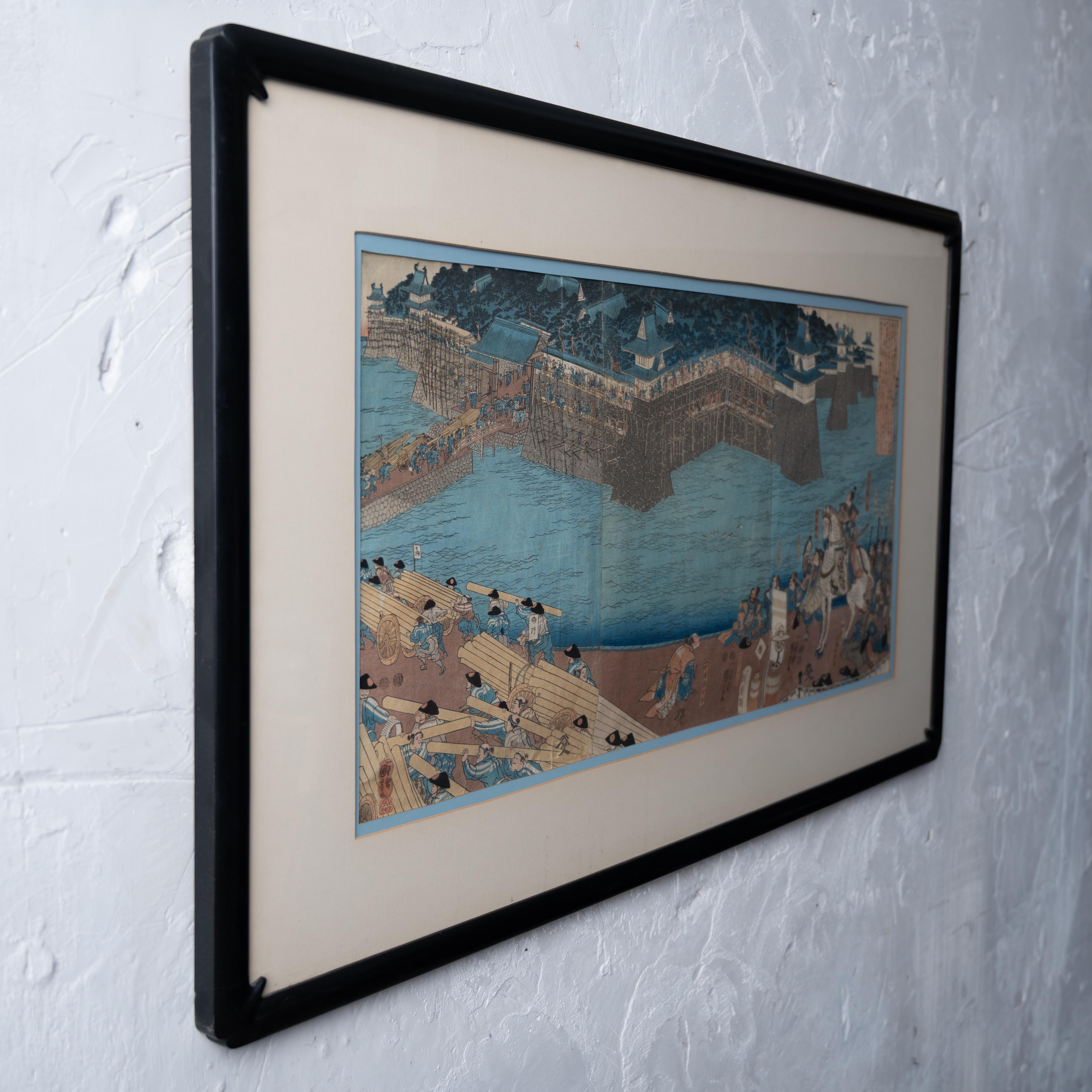 Utagawa Kuniyoshi - Harungas Restaurierung des Schlosses Holzschnitt, um 1850 im Angebot 3