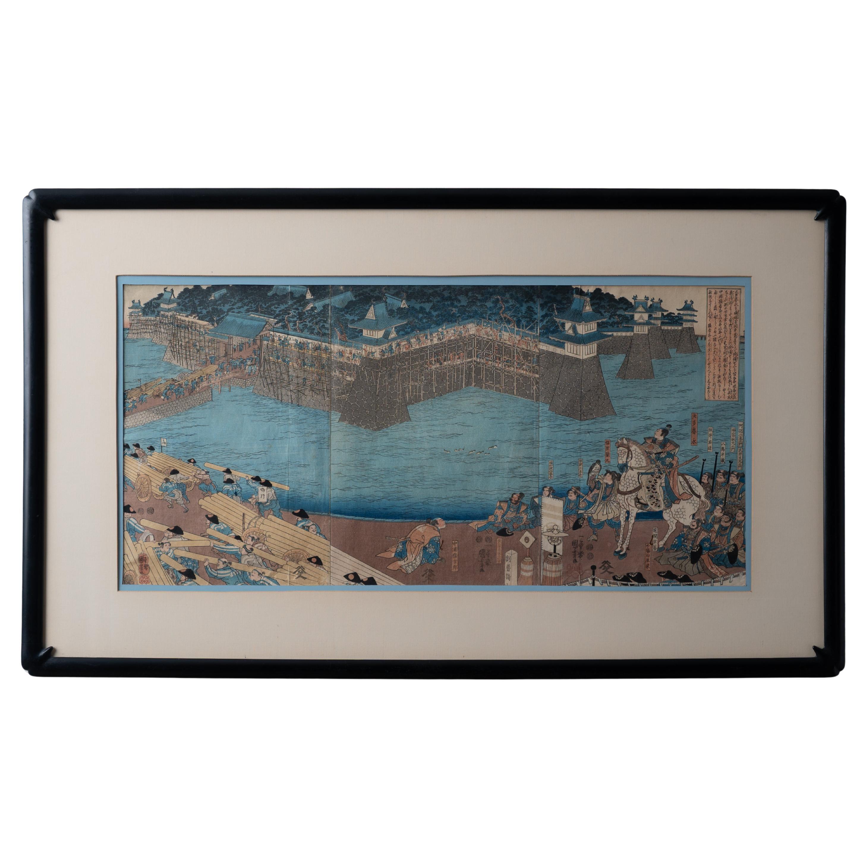 Utagawa Kuniyoshi - Harungas Restaurierung des Schlosses Holzschnitt, um 1850 im Angebot