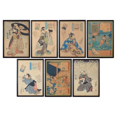 Antique Utagawa Kuniyoshi & Toyokuni III Japanese Woodblocks - set of 7