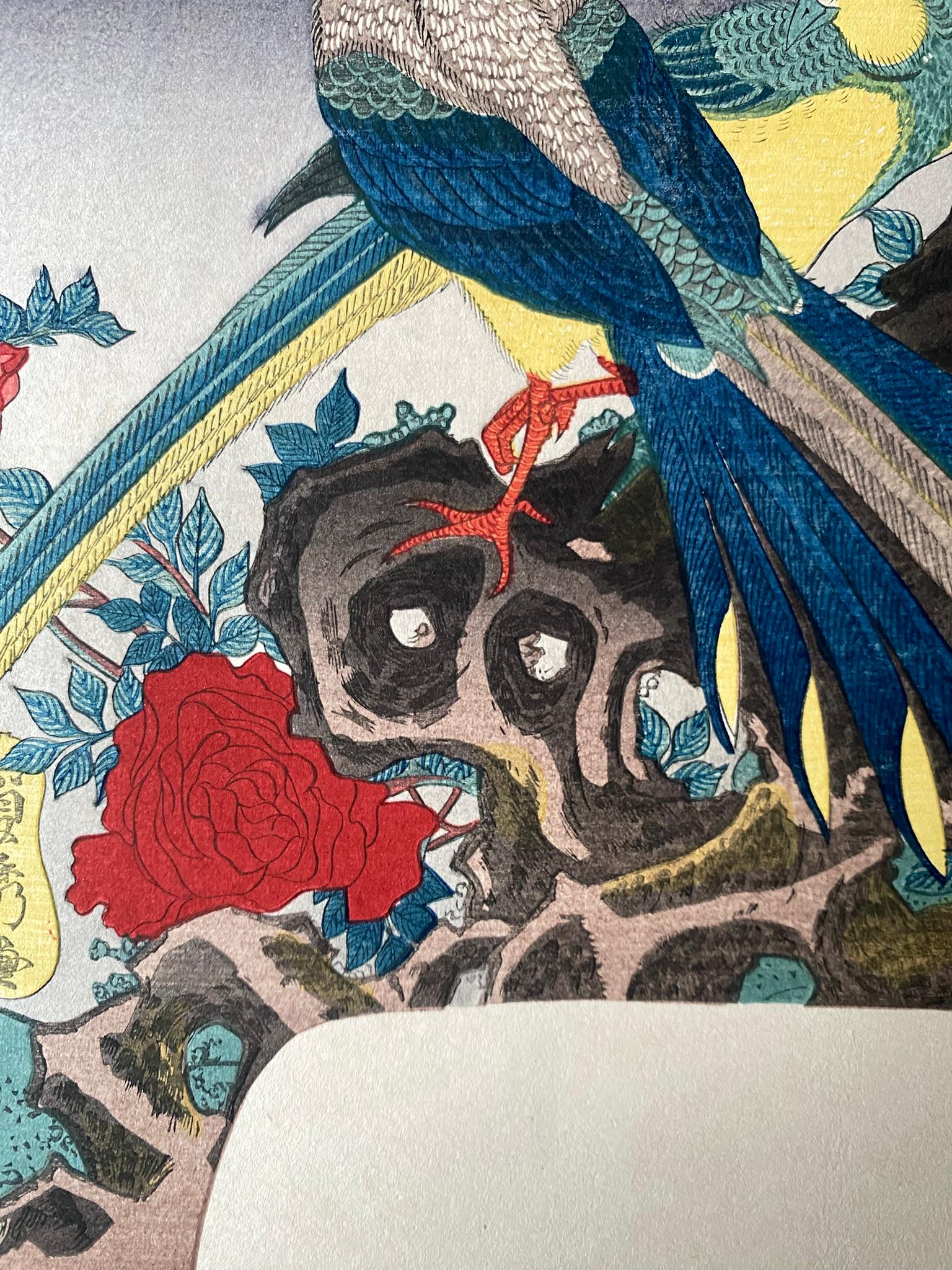 Authentic Japanese Woodblock Print-Birds and Flowers-Edo-Fan Re-carved 1920s For Sale 7
