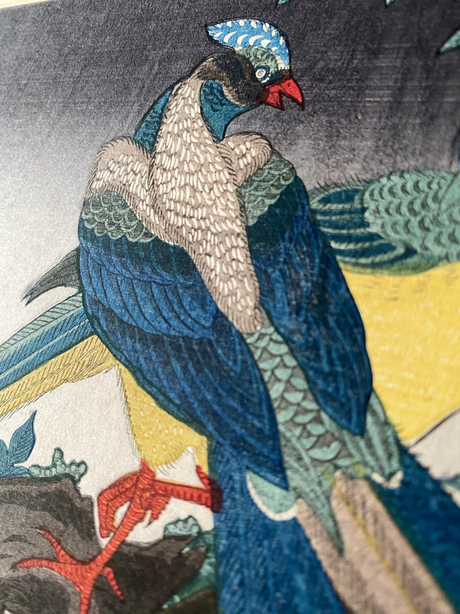 Authentic Japanese Woodblock Print-Birds and Flowers-Edo-Fan Re-carved 1920s For Sale 8
