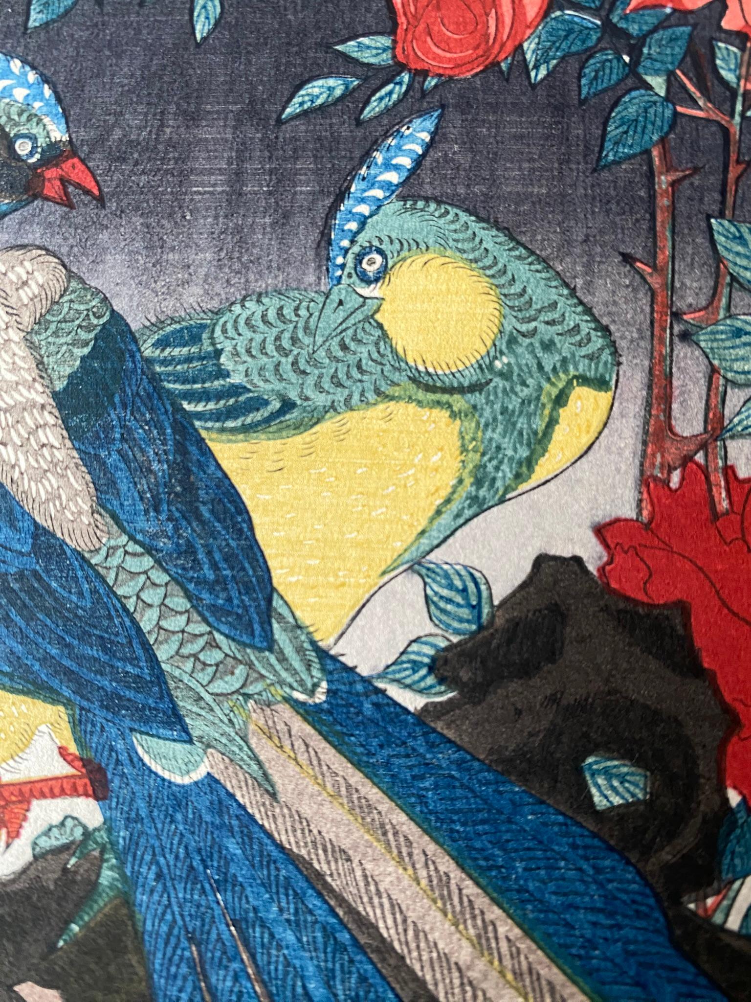 Authentic Japanese Woodblock Print-Birds and Flowers-Edo-Fan Re-carved 1920s For Sale 9