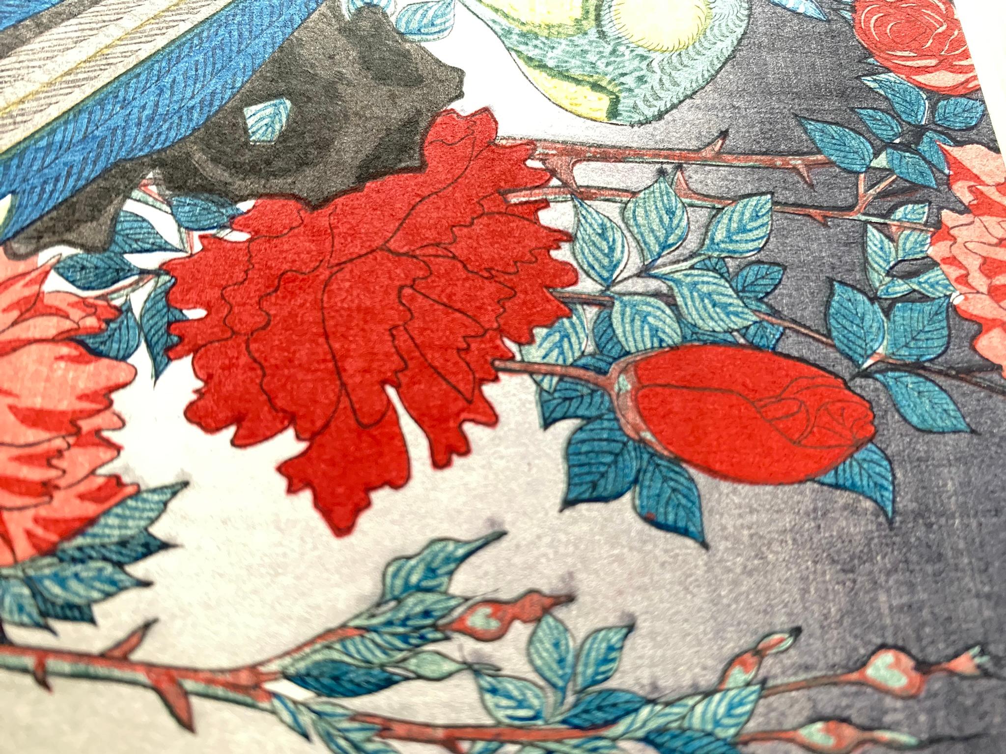 Authentic Japanese Woodblock Print-Birds and Flowers-Edo-Fan Re-carved 1920s For Sale 10