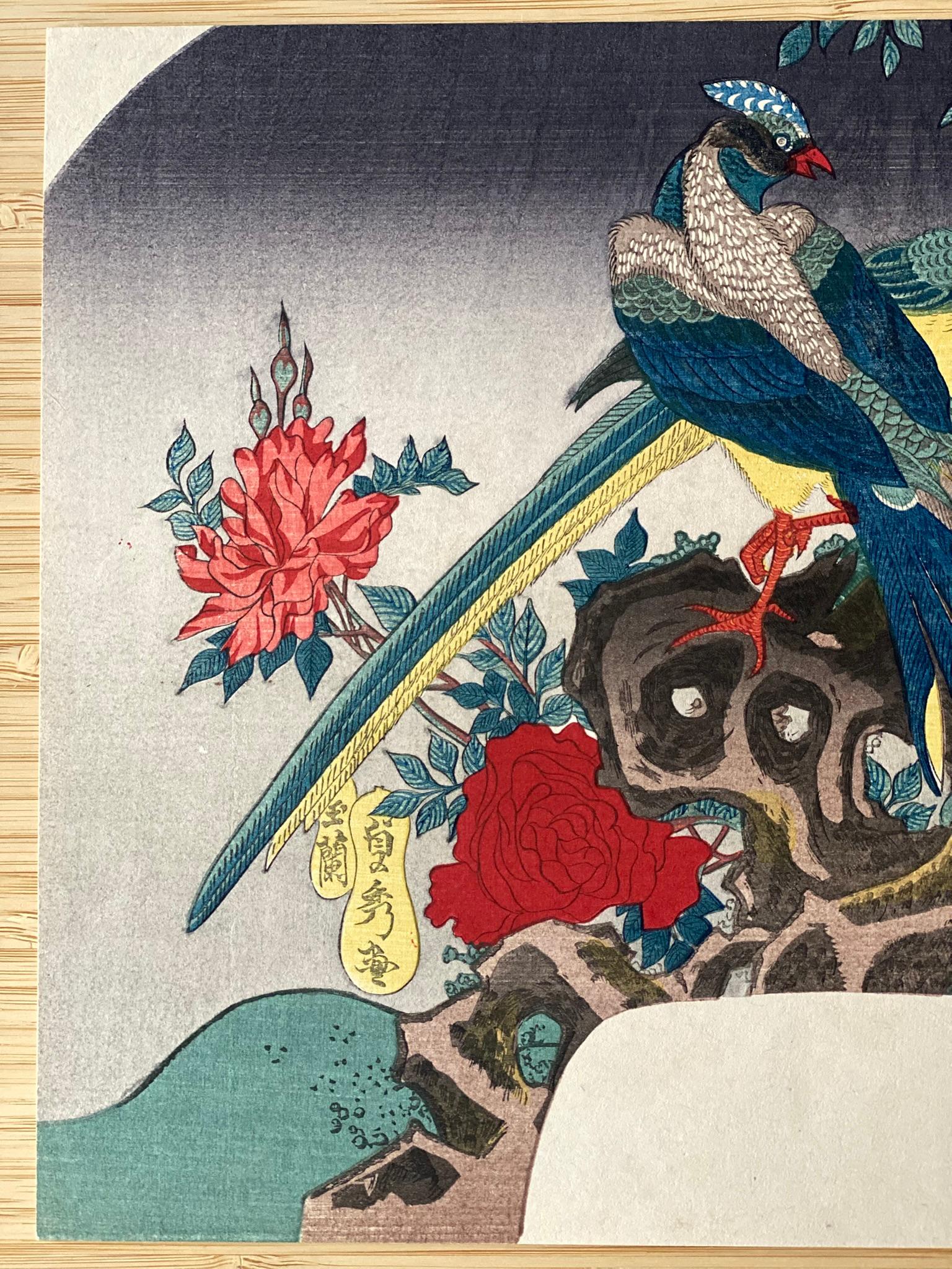 Authentic Japanese Woodblock Print-Birds and Flowers-Edo-Fan Re-carved 1920s - Gray Animal Print by Utagawa Sadahide