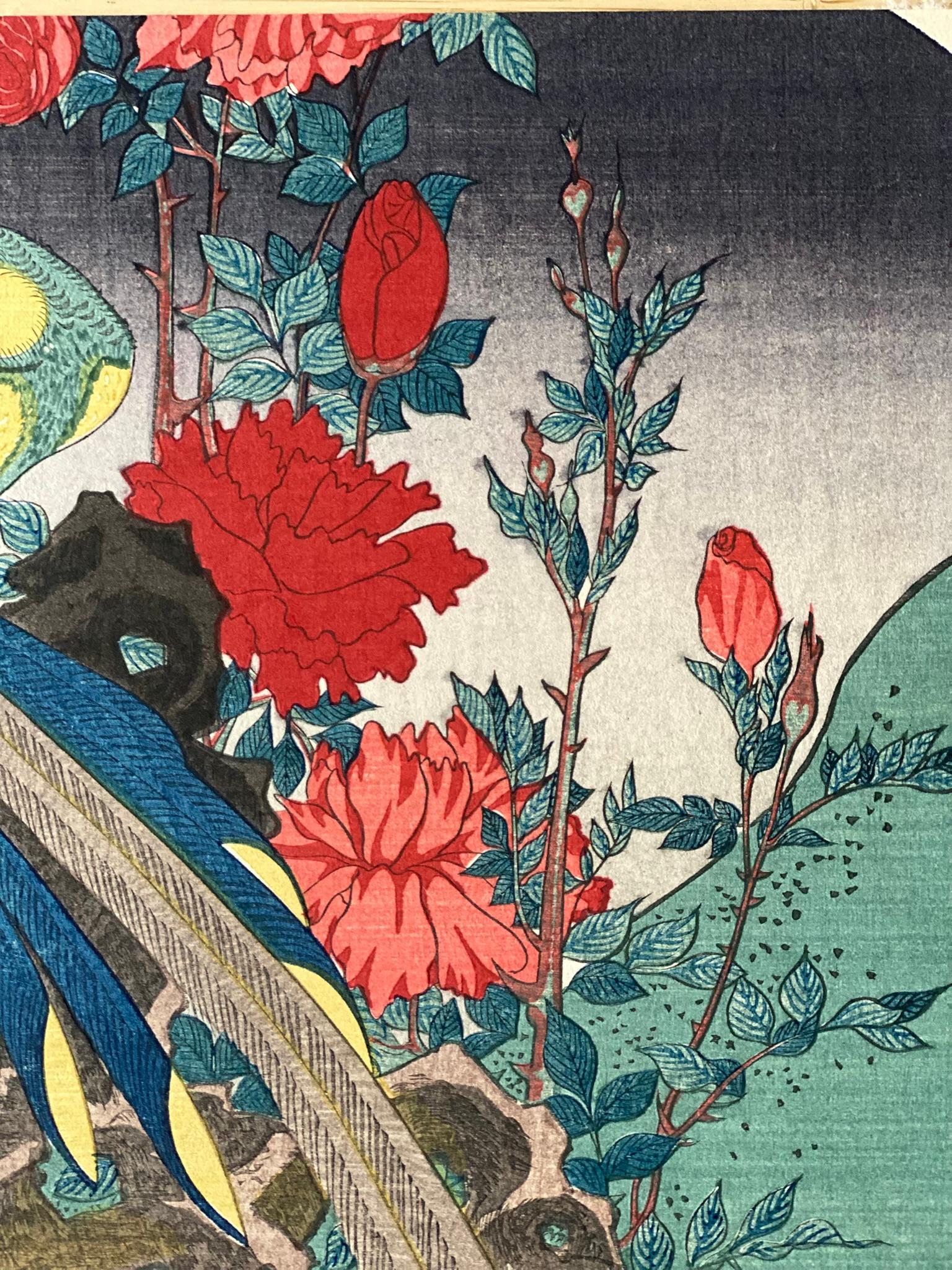 Authentic Japanese Woodblock Print-Birds and Flowers-Edo-Fan Re-carved 1920s For Sale 2
