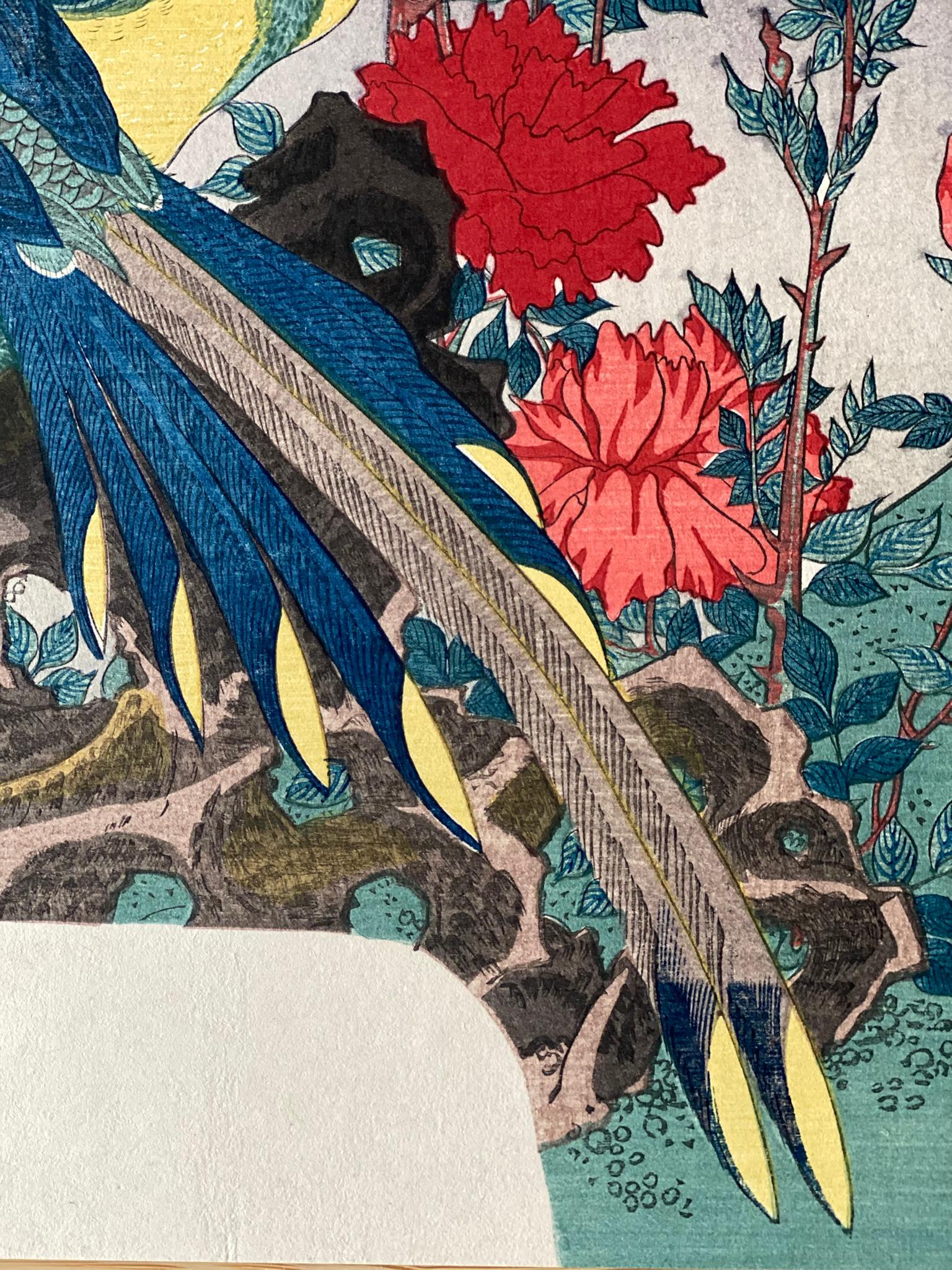 Authentic Japanese Woodblock Print-Birds and Flowers-Edo-Fan Re-carved 1920s For Sale 3