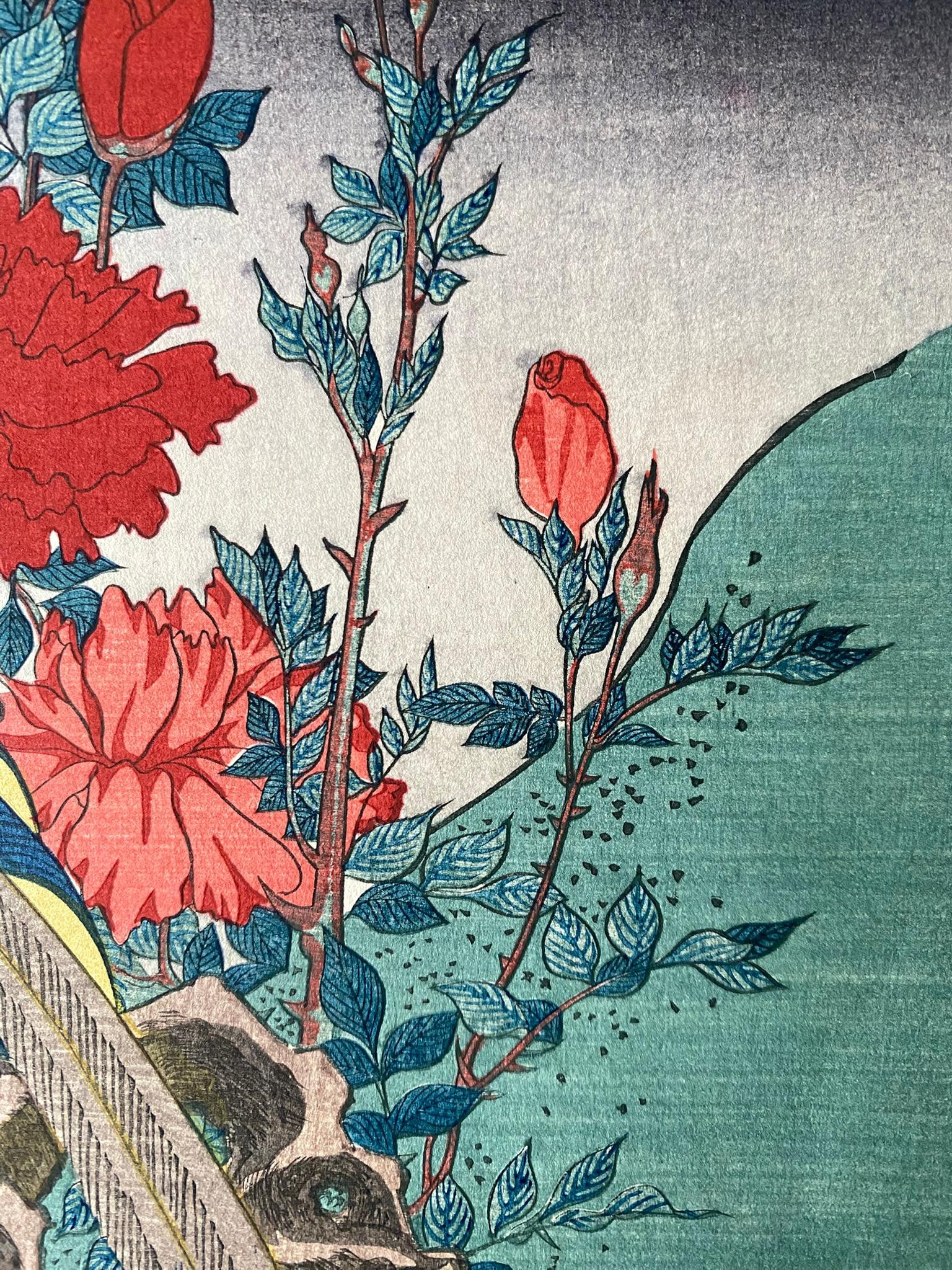 Authentic Japanese Woodblock Print-Birds and Flowers-Edo-Fan Re-carved 1920s For Sale 4