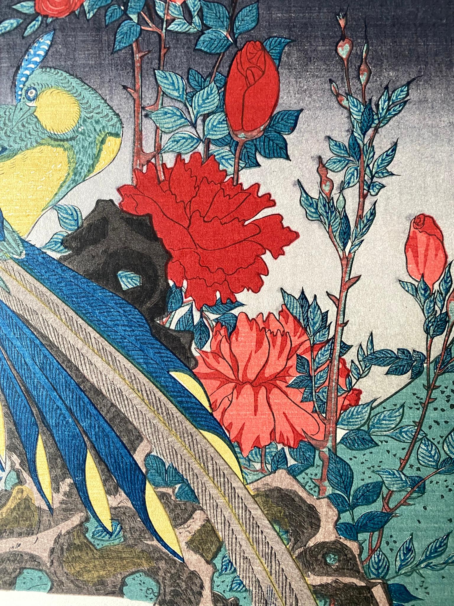 Authentic Japanese Woodblock Print-Birds and Flowers-Edo-Fan Re-carved 1920s For Sale 5