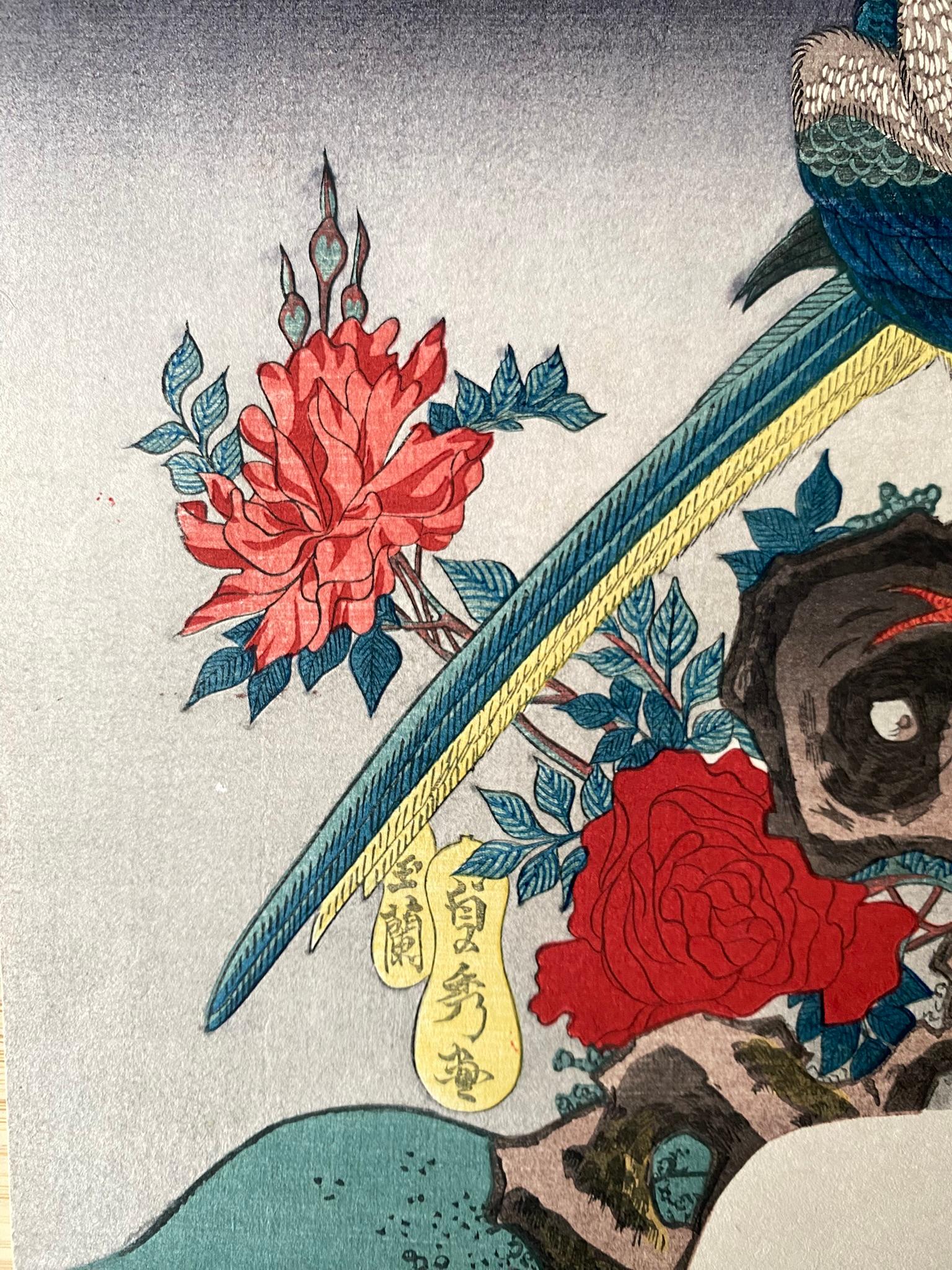 Authentic Japanese Woodblock Print-Birds and Flowers-Edo-Fan Re-carved 1920s For Sale 6