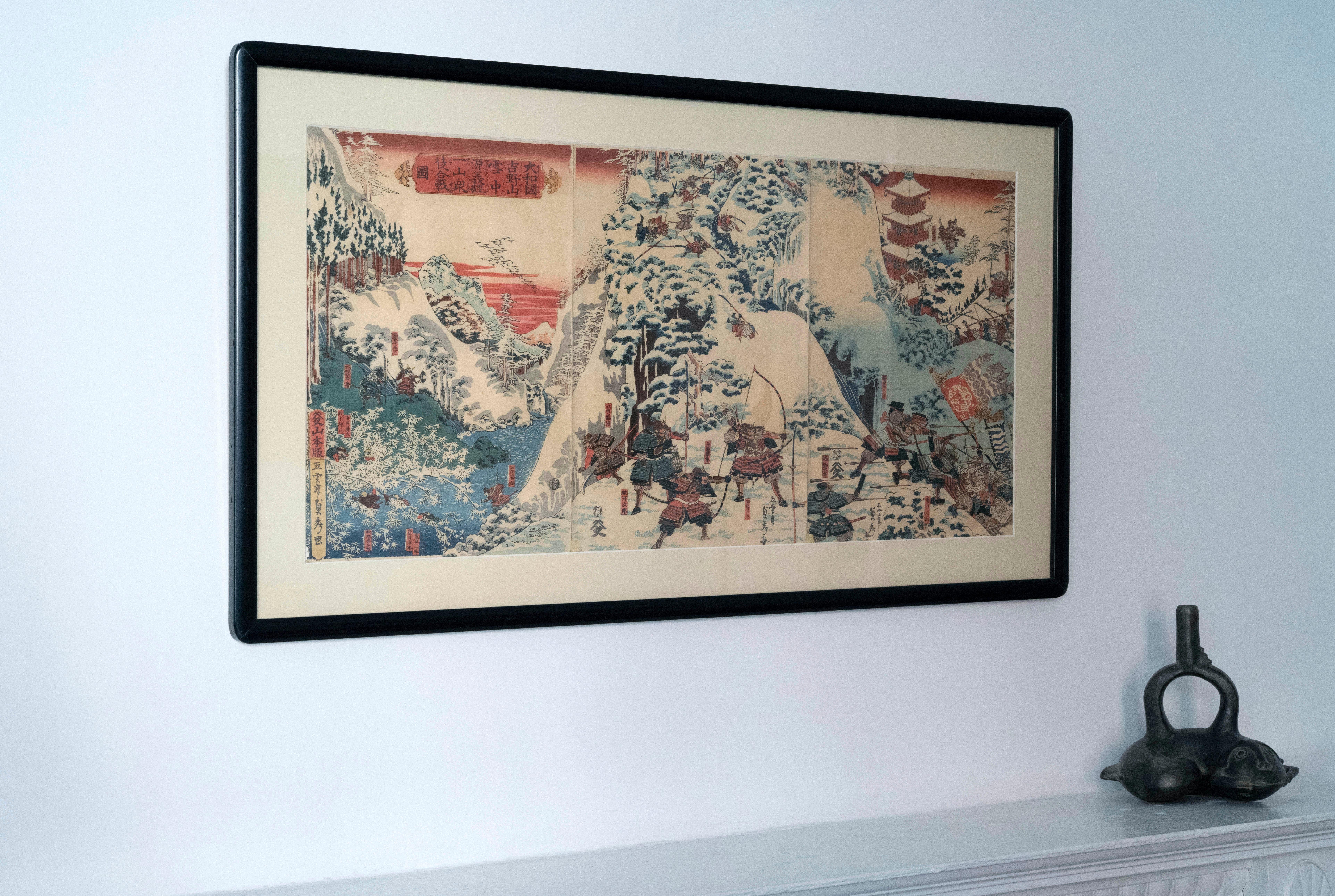 Japanese Woodblock Triptych Print of Snowy Battle by Sadahide 1