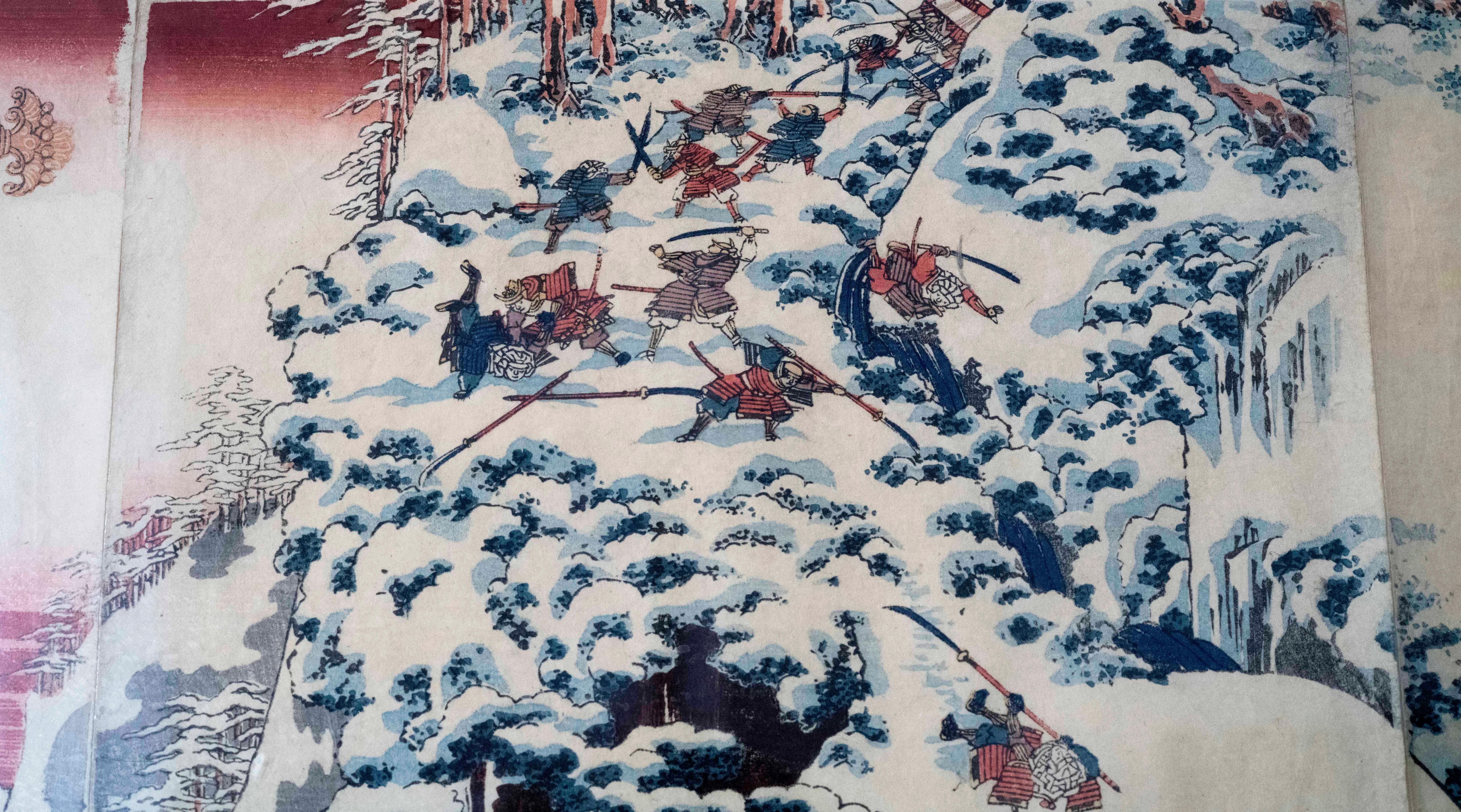 Japanese Woodblock Triptych Print of Snowy Battle by Sadahide 7