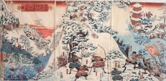 Japanese Woodblock Triptych Print of Snowy Battle by Sadahide