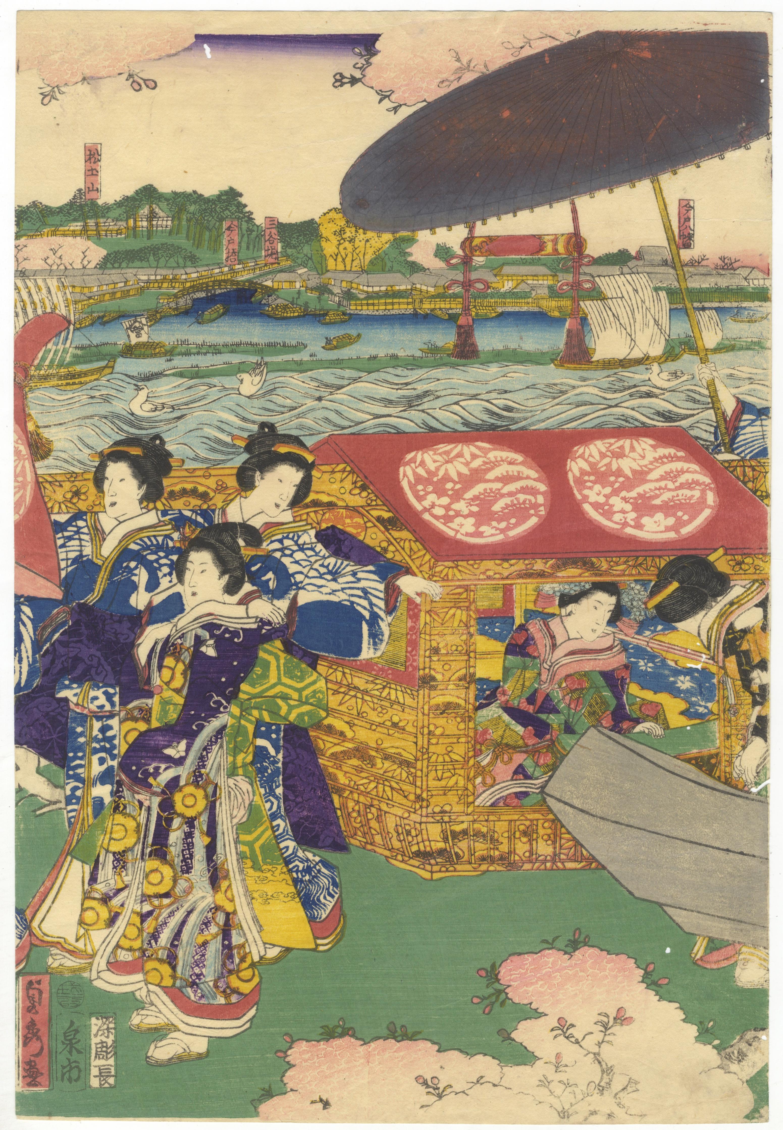 Utagawa Sadahide, Cherry Blossoms, Japanese Woodblock Print, Ukiyo-e, Triptych 2