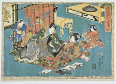 Interior Scene with Courtesans and... - Woodcut by Utagawa School - 19th Century