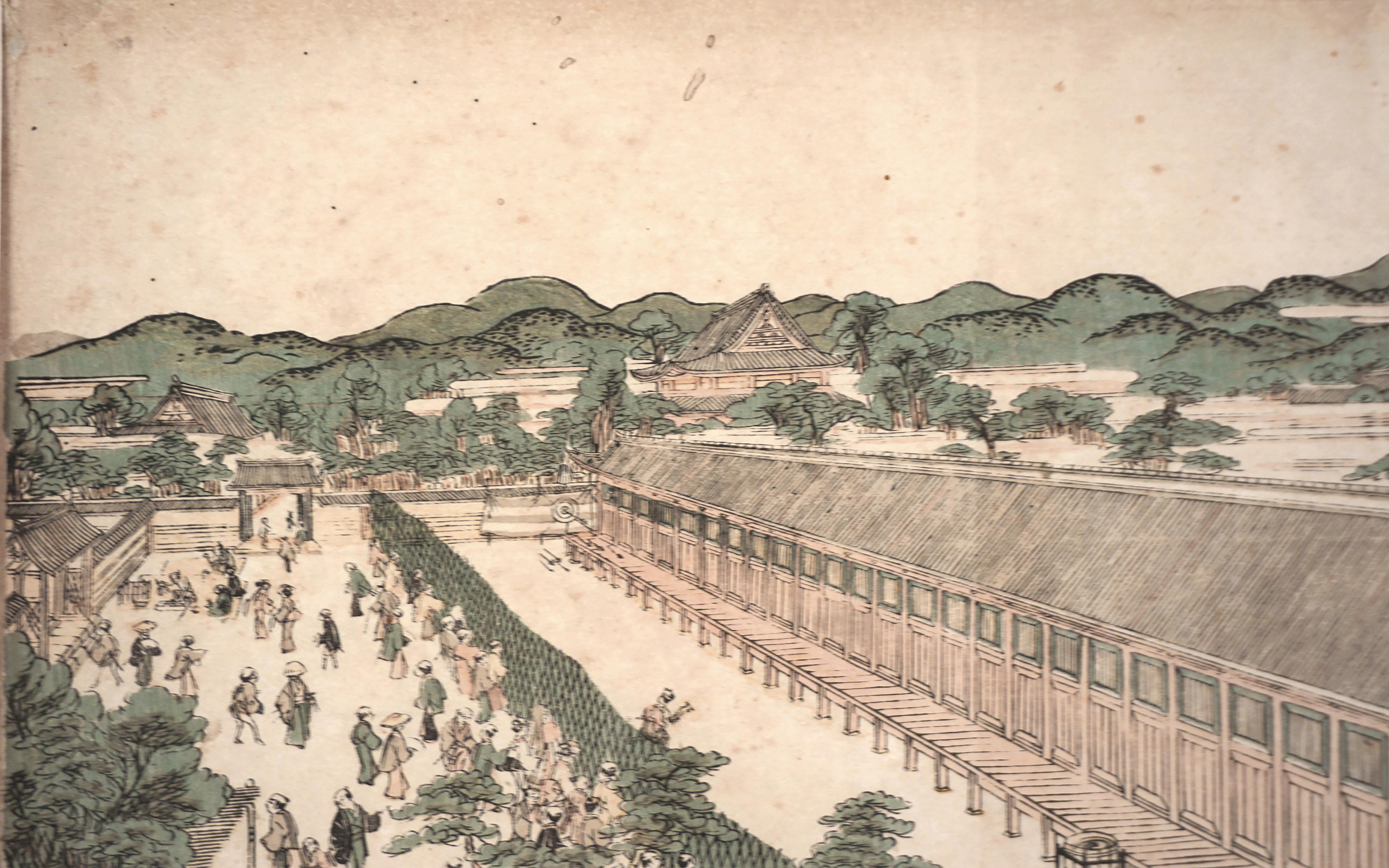 Edo Period Ukiyo-e Color Woodcut of Sanjusangendo at Fukagawa For Sale 1