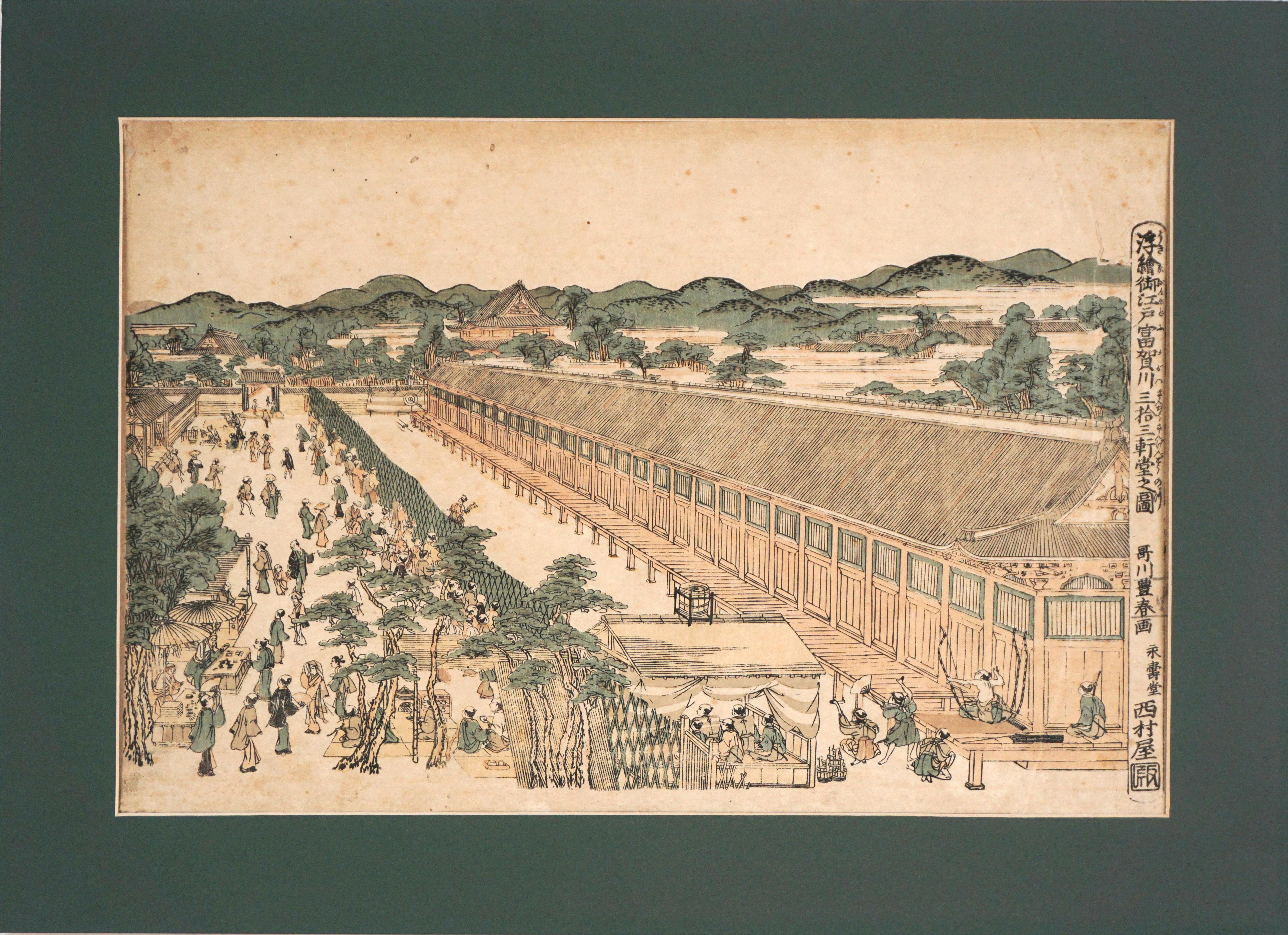 Utagawa Toyoharu Landscape Print – Edo-Periode Ukiyo-e Farbholzschnitt von Sanjusangendo in Fukagawa