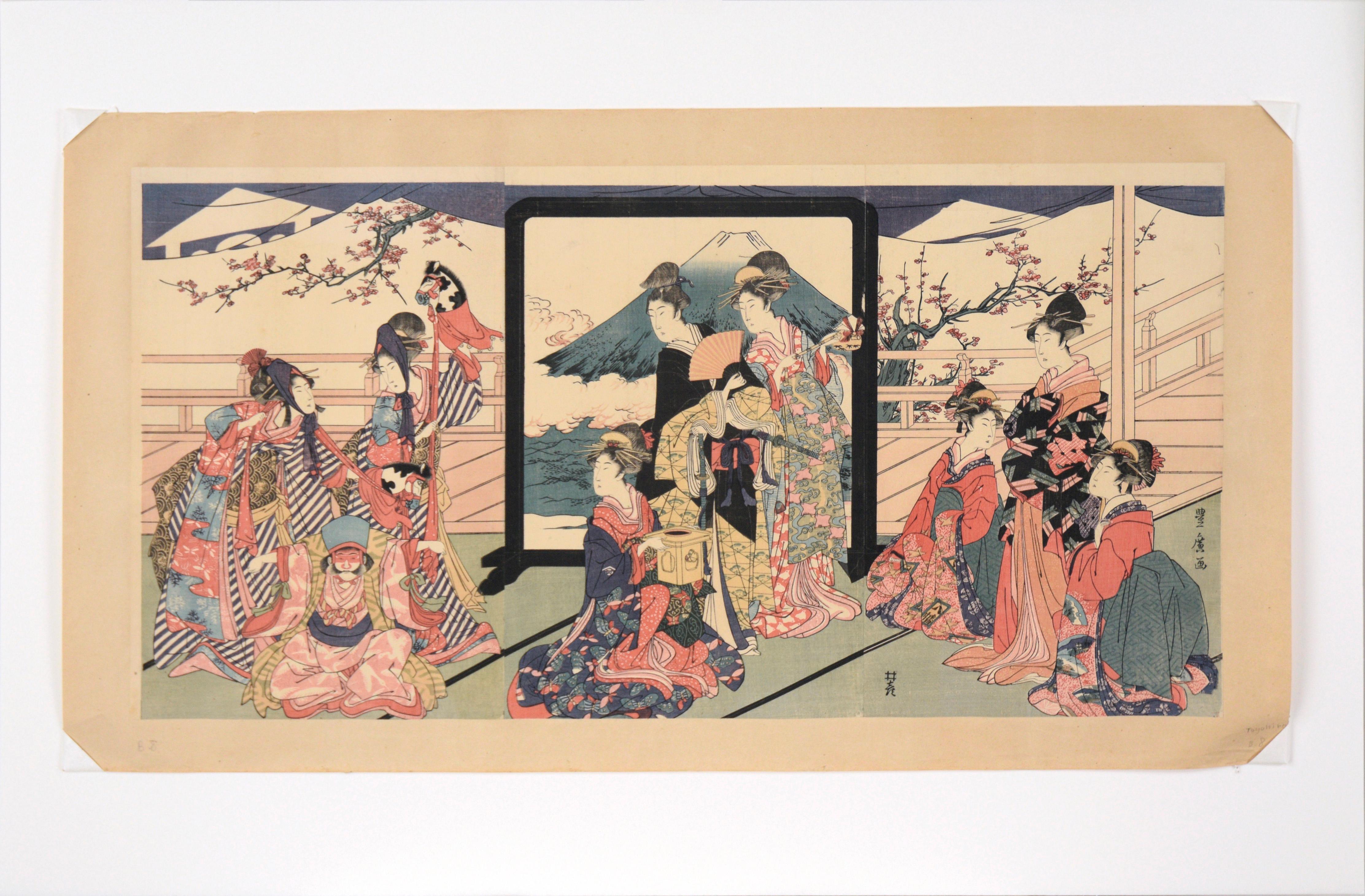 „Toy Horse Dance“ Japanisches Holzschnitt- Triptychon mit Beauties und Mt Fuji im Angebot 6