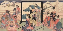 Triptyque japonais de bois avec beautés et mont Fuji