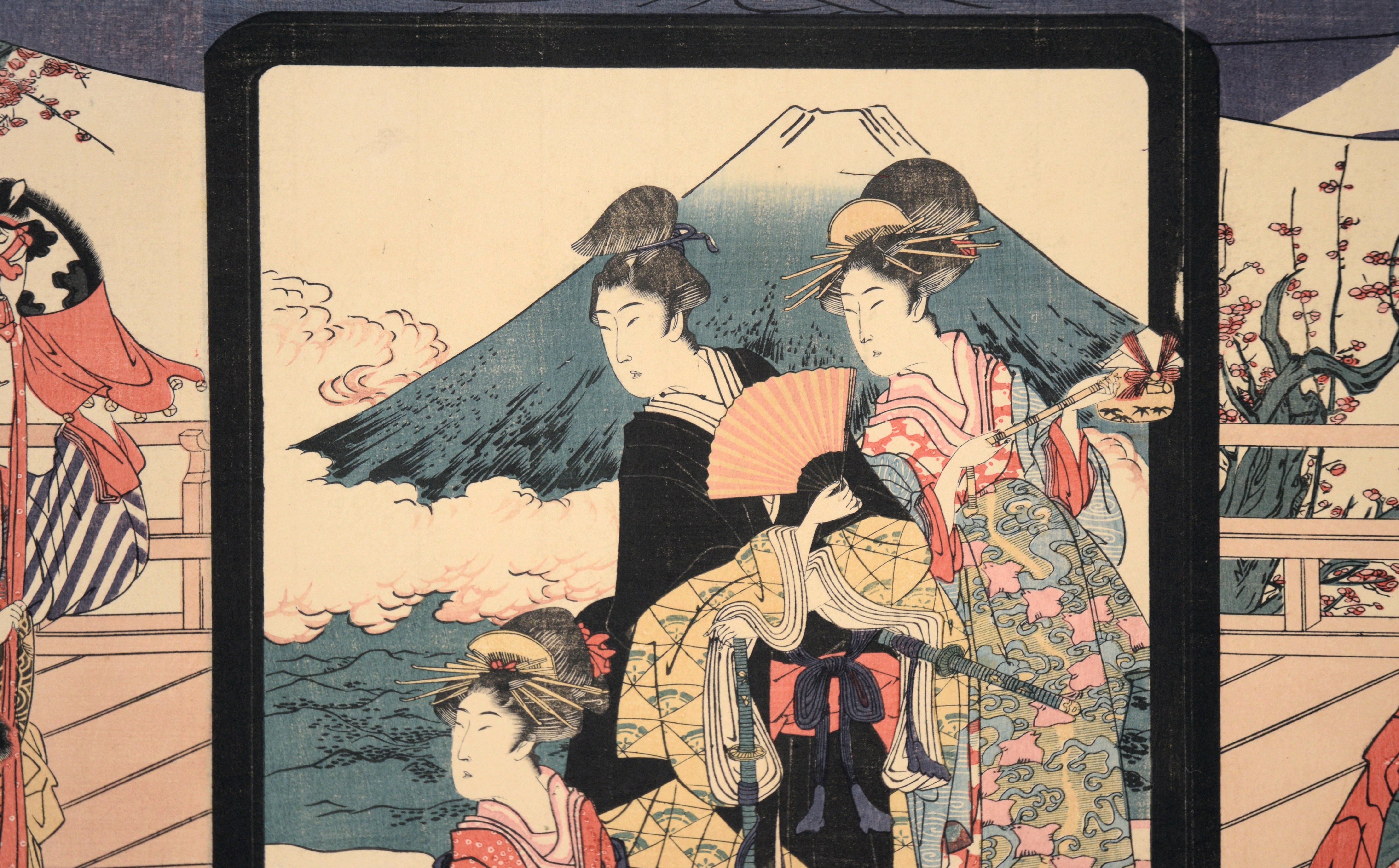 Triptyque japonais de bois avec beautés et mont Fuji en vente 1