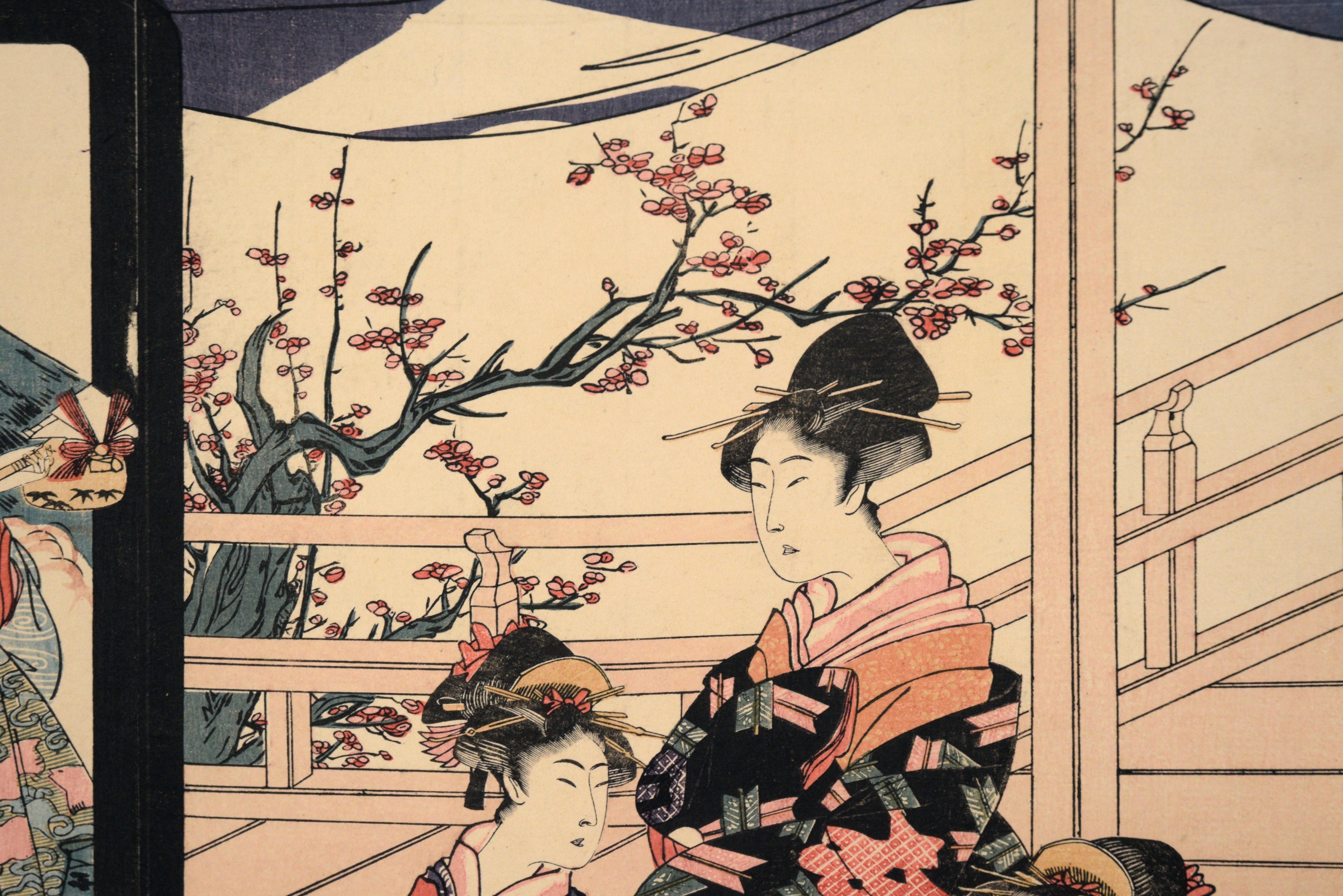 Triptyque japonais de bois avec beautés et mont Fuji en vente 2