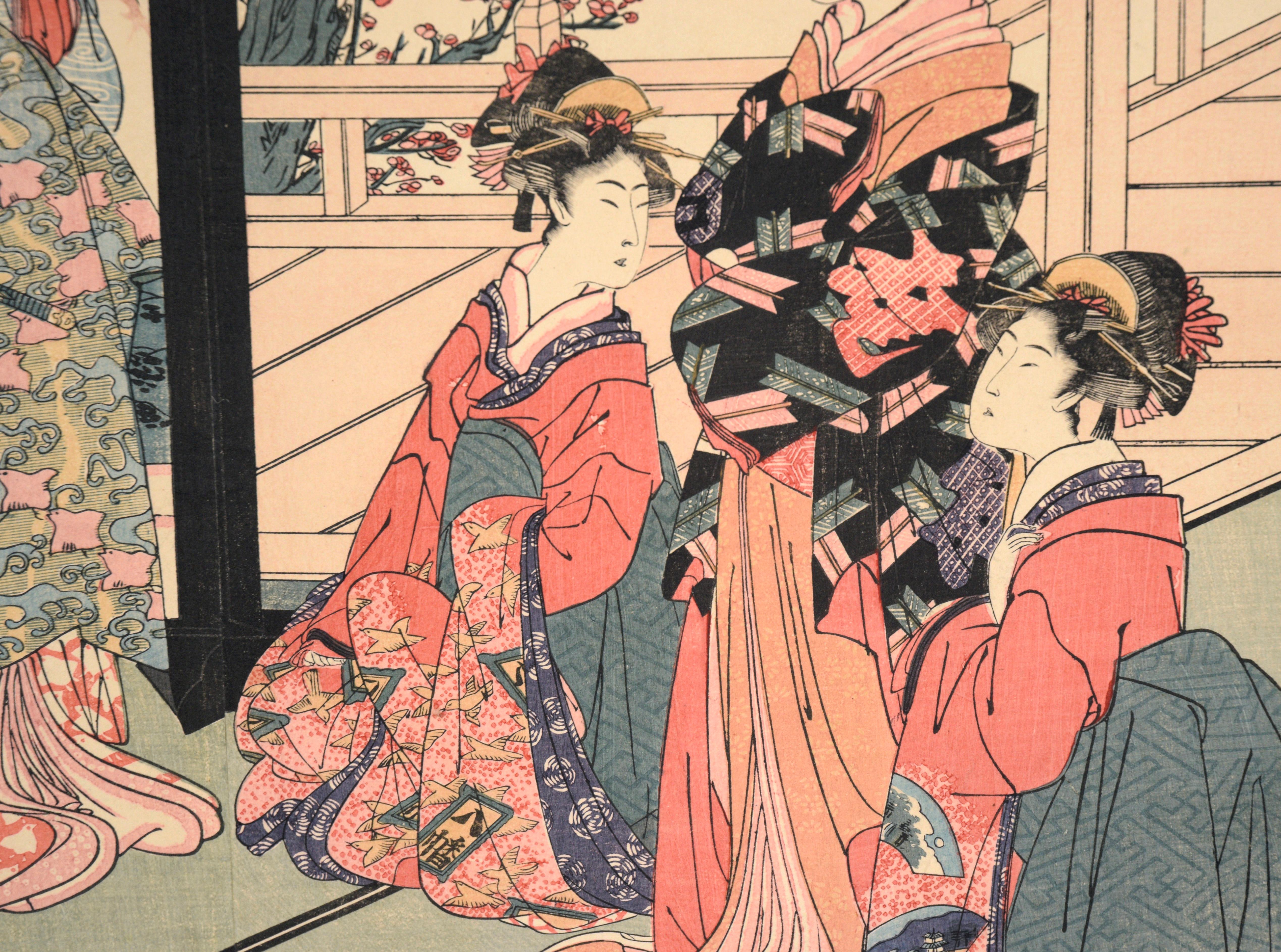 „Toy Horse Dance“ Japanisches Holzschnitt- Triptychon mit Beauties und Mt Fuji im Angebot 2