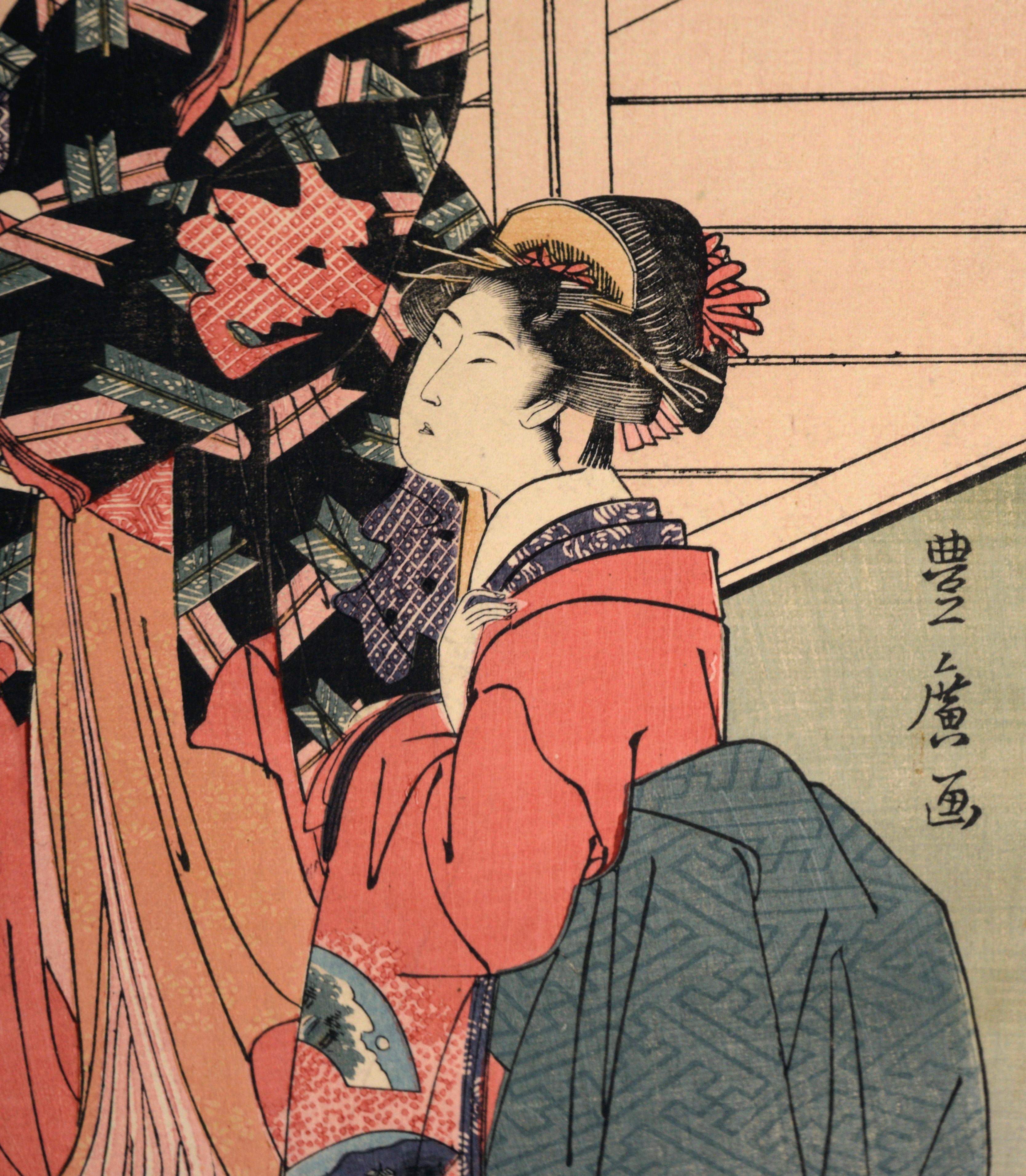„Toy Horse Dance“ Japanisches Holzschnitt- Triptychon mit Beauties und Mt Fuji im Angebot 3