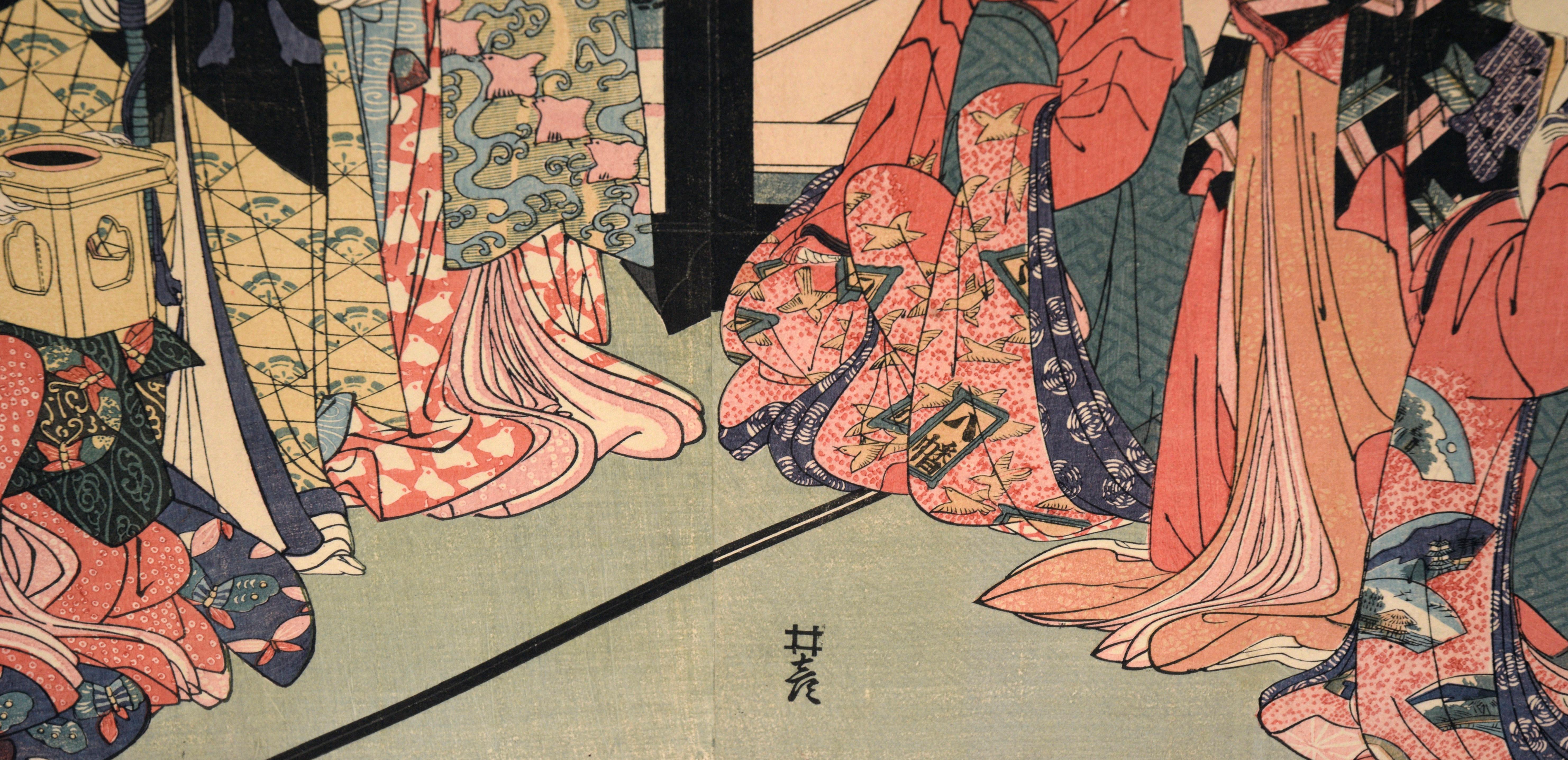 „Toy Horse Dance“ Japanisches Holzschnitt- Triptychon mit Beauties und Mt Fuji im Angebot 4