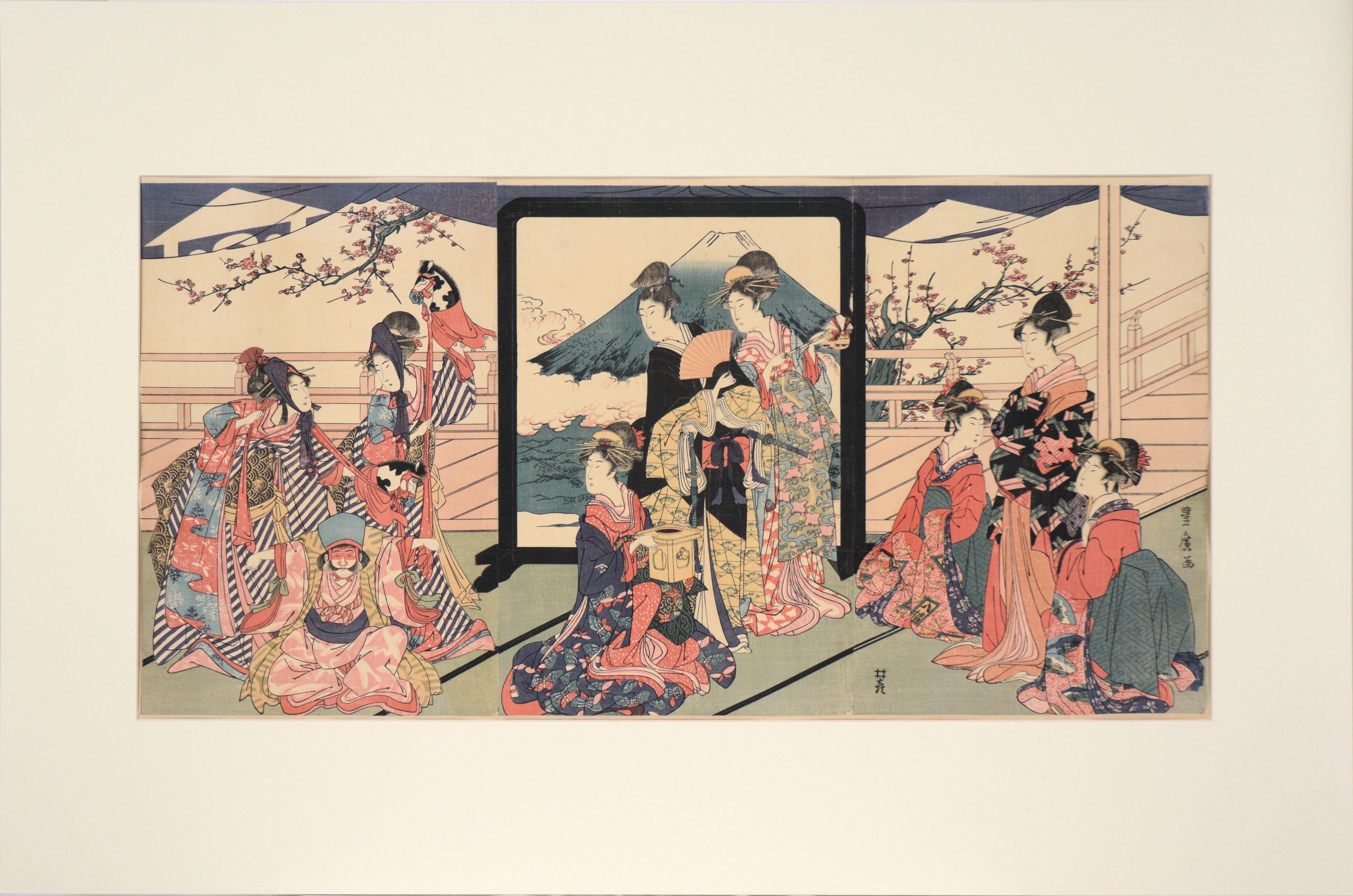 Utagawa Toyohiro Figurative Print - "Toy Horse Dance" Japanese Woodblock Triptych with Beauties and Mt Fuji