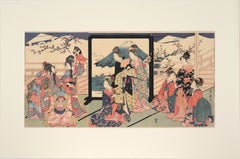 Vintage "Toy Horse Dance" Japanese Woodblock Triptych with Beauties and Mt Fuji