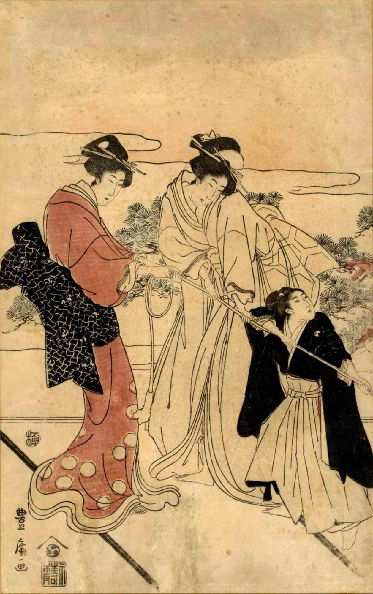  Bijinga (New year festivities) is an original modern artwork realized by Utagawa Toyohiro in the Early 19th Century.

Woodcut Print Oban Format

New year festivities, two elegant ladies and a child pulling a flower car.

Signed: Toyohiro ga.